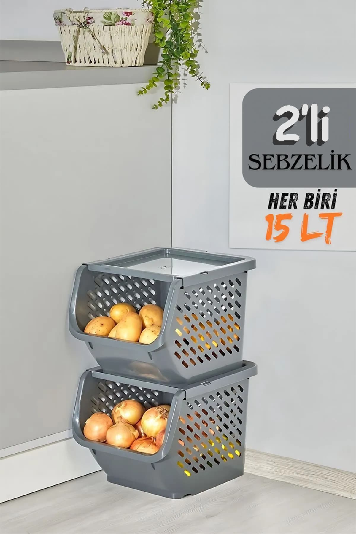 Mutfak Köşesi 2'li Patates & Soğanlık, Kapaklı Katlı Sebzelik, Oyuncak Sepeti, Banyo Büyük Düzenleyici Antrasit