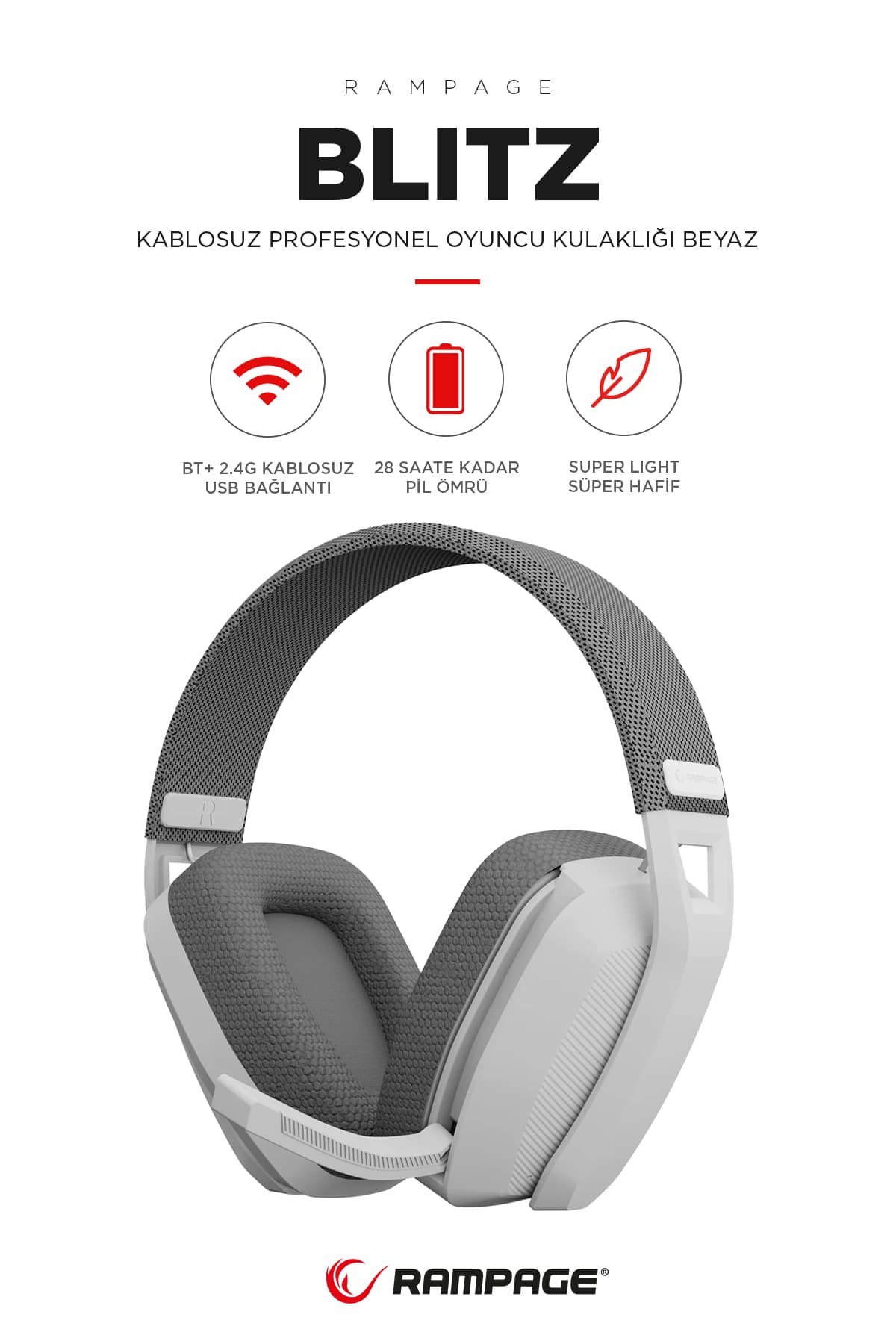 Rampage BLITZ Beyaz/Gri Wireless 2.4G+ Bluetooth Mikrofonlu Kablosuz Oyuncu Kulaklığı