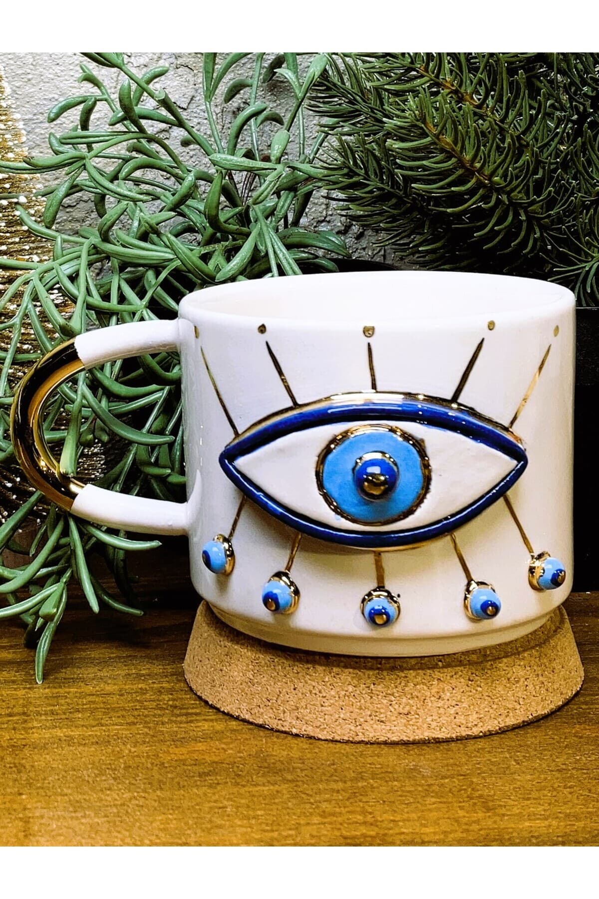 SeraSelin 24 Ayar Altın Işlemeli Nazar Göz Figürlü El Yapımı Hediyelik Mug