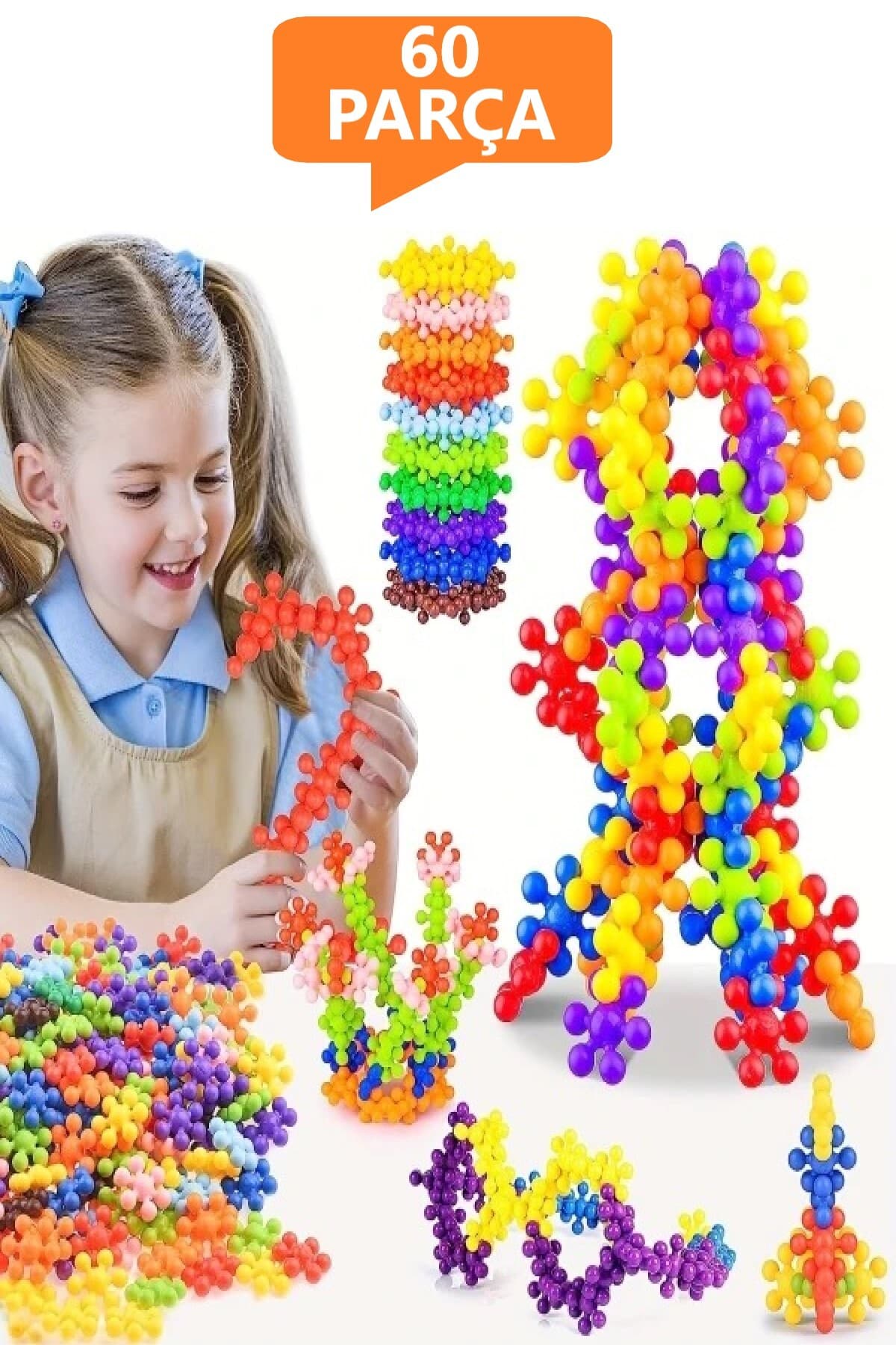 Hyd 60 Parça Kar Tanesi Çiçek Molekül Kilitli Yapı Taşları Blok Puzzle Yapboz Eğitici Oyuncak