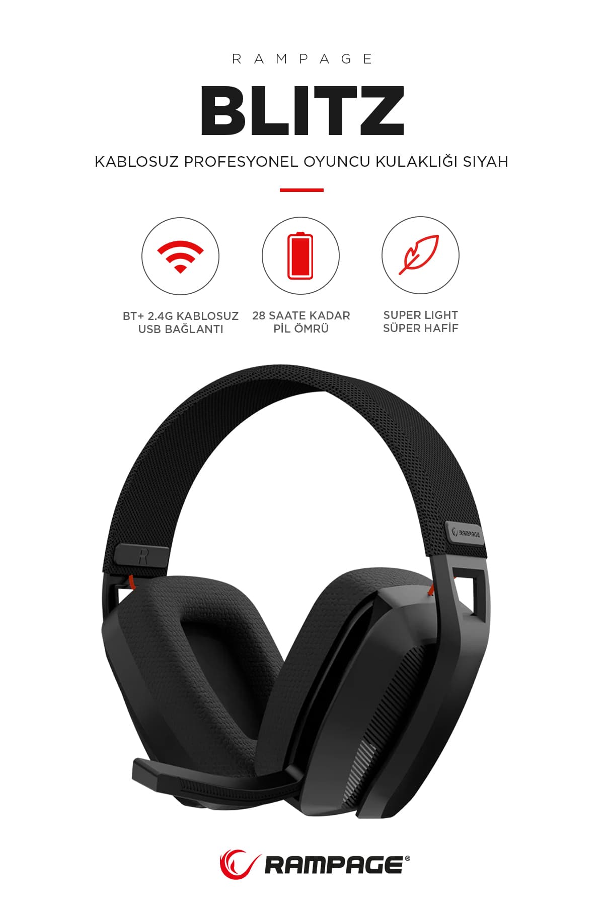 Rampage BLITZ Siyah Wireless 2.4G+ Bluetooth Mikrofonlu Kablosuz Oyuncu Kulaklığı