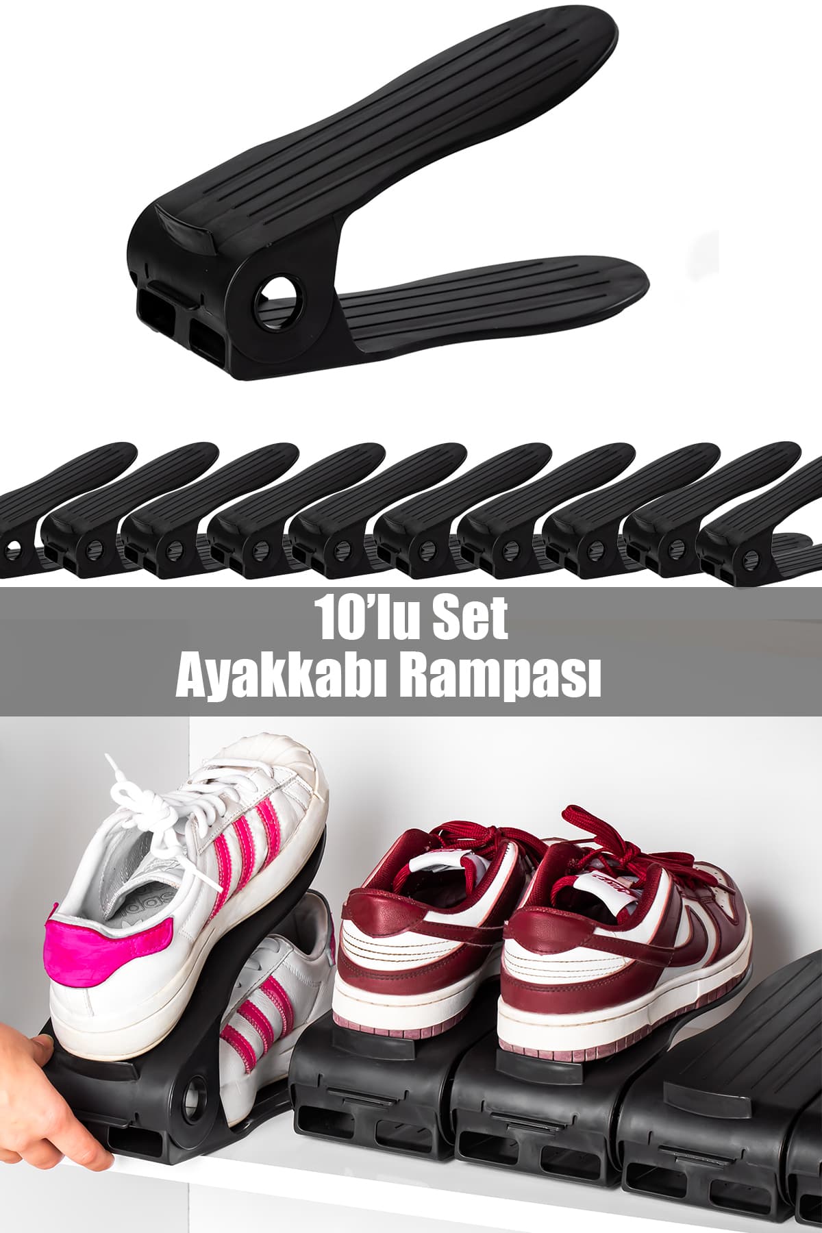 Porsima Org -201 10 lu Ayarlanabilir Ayakkabı Rampası - Ayakkabı Dolap İçi Düzenleyici Organizer- Siyah