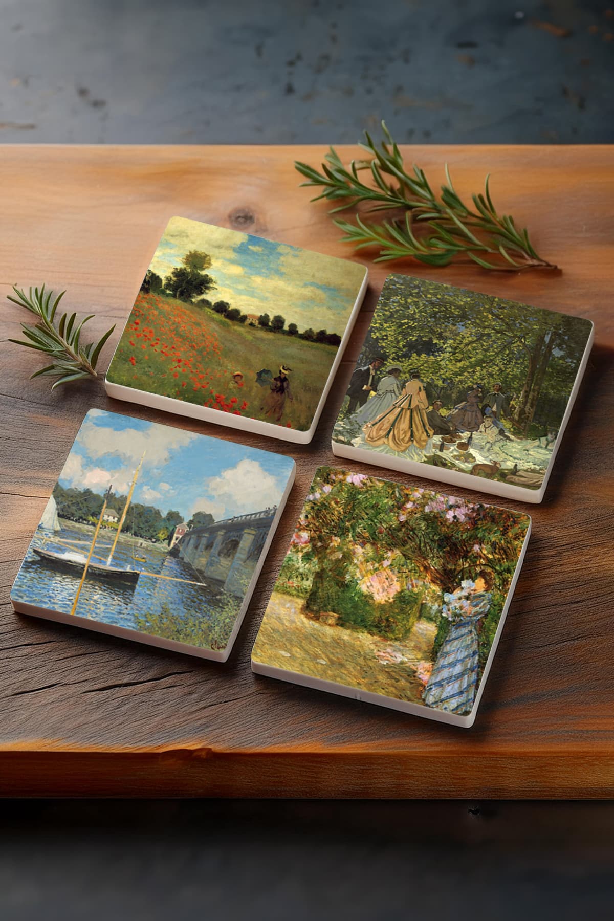 Pinecone Claude Monet Bahçede, Kırda Öğle Yemeği, Argenteuil'de Köprü, Gelincikler Taş Bardak Altlığı 4lü Set