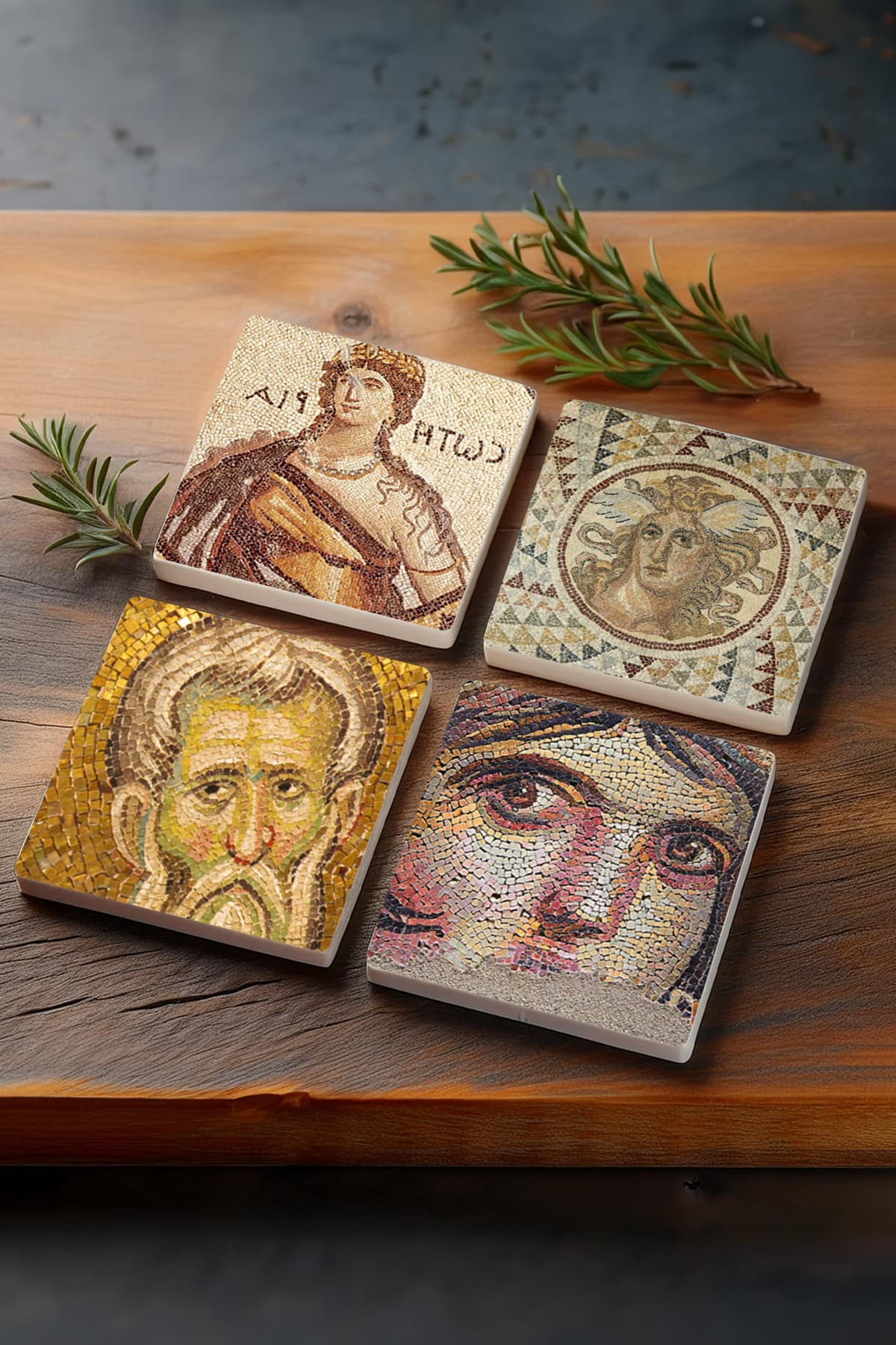 Pinecone Çingene Kızı Mozaiği, Soteria Mozaiği, Mozaik Serisi Taş Bardak Altlığı 4'lü Set 10x10cm