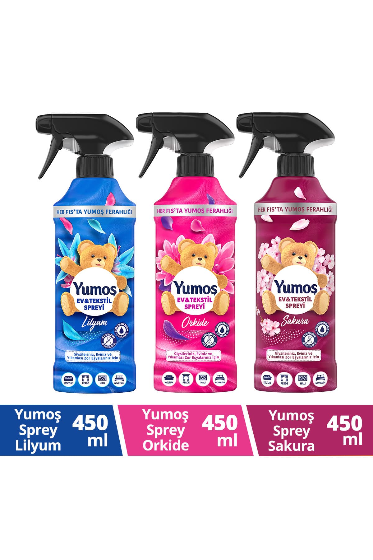 Yumoş Ev Vetekstil Spreyi Orkide 450 ml X1 Lilyum 450 ml X1 Sakura 450 ml X1
