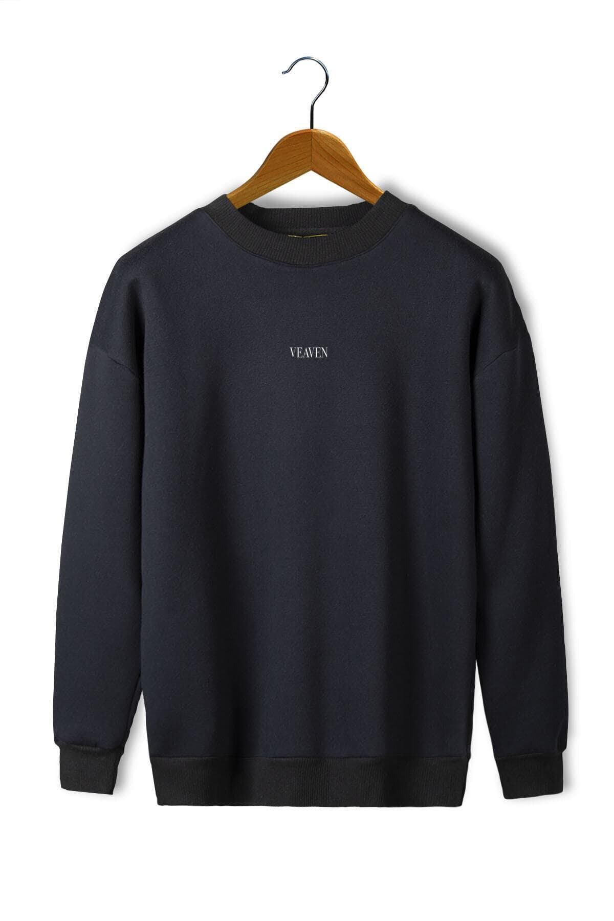 blackjack giyim Unisex Siyah Önü Veaven Baskılı Oversize Kalın Iki Iplik Şardonlu Bisiklet Yaka Sweatshirt