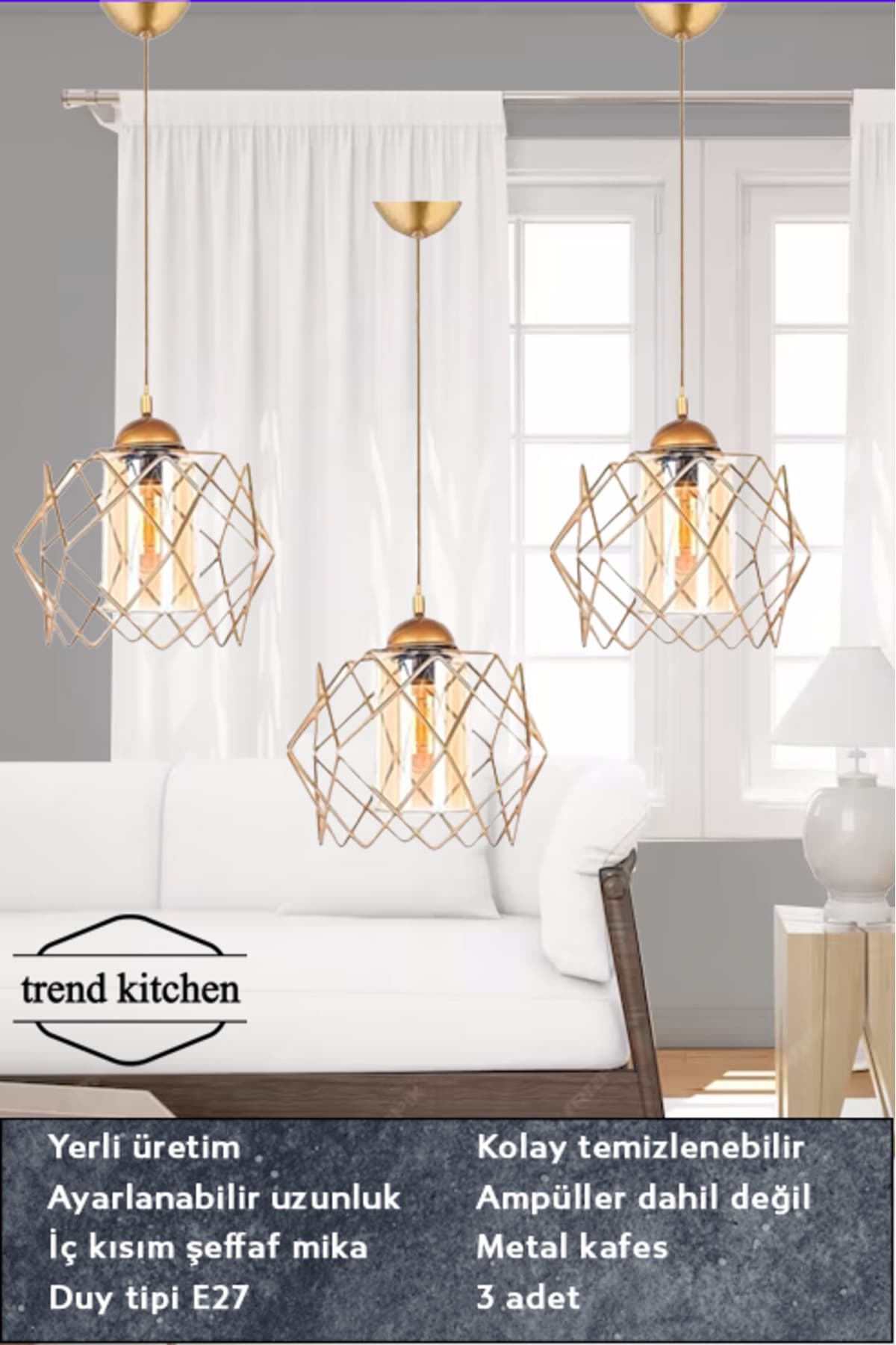 Trend Kitchen 3 Adet Trend Bal Mika Camlı Golden Salon Mutfak Banyo Yatak Odası Çocuk Odası Antre Sarkıt Avize