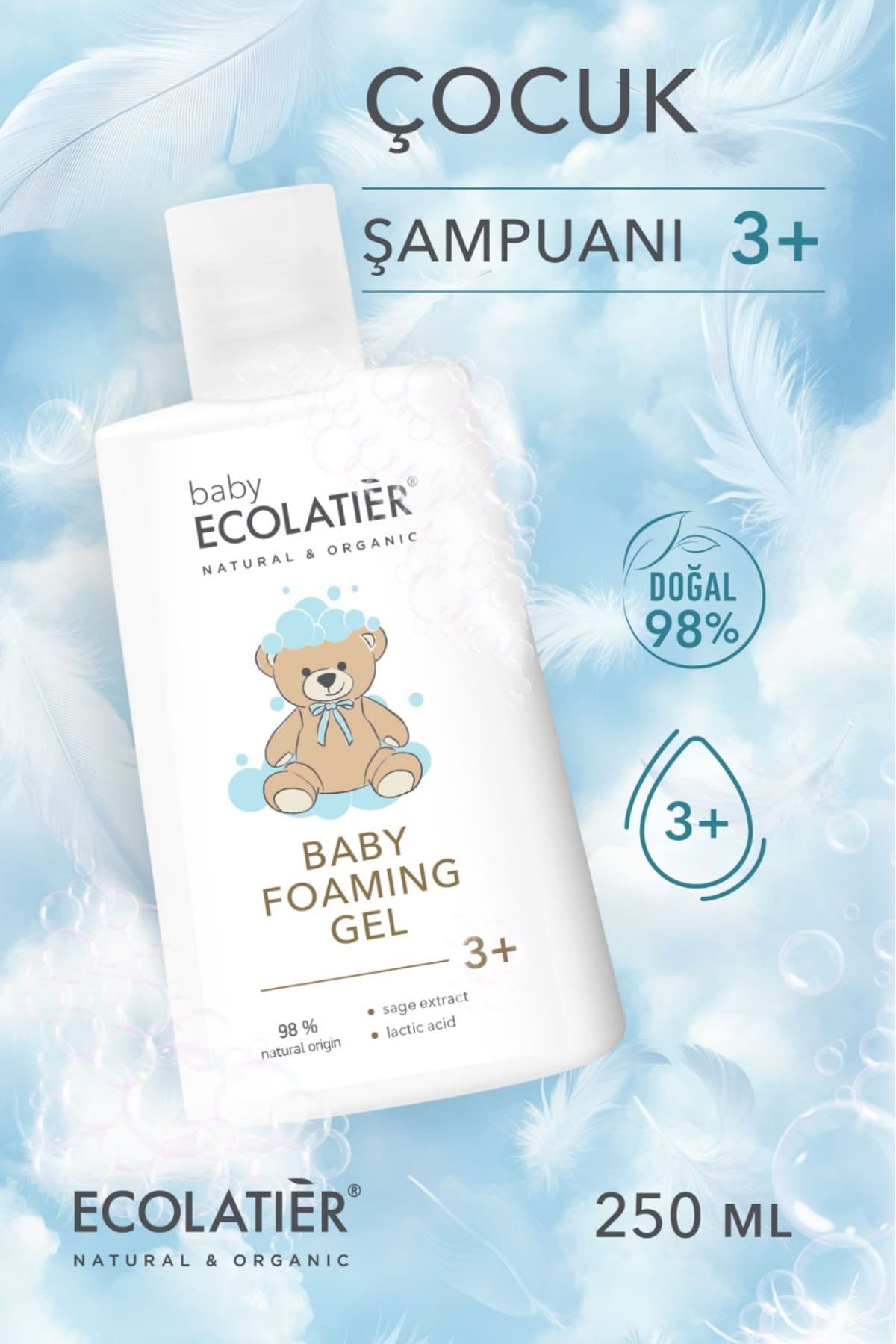 ECOLATIER Çocuk Şampuanı Organik Adaçayı ve Laktik Asit Hassas Ciltler İçin 3+ Yaş 250 ml