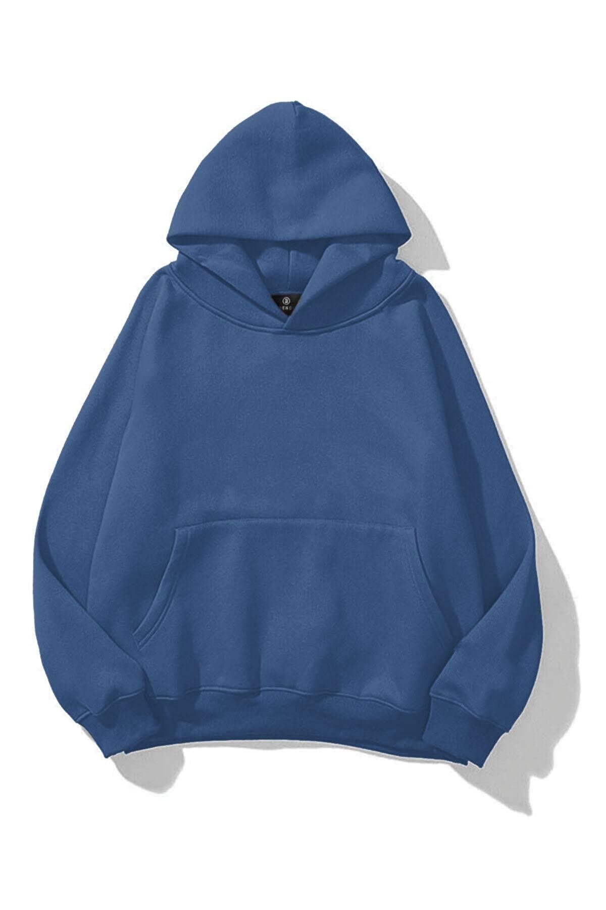 Co Trendiz Unisex İndigo Mavi Basic Sweatshirt Hoodie