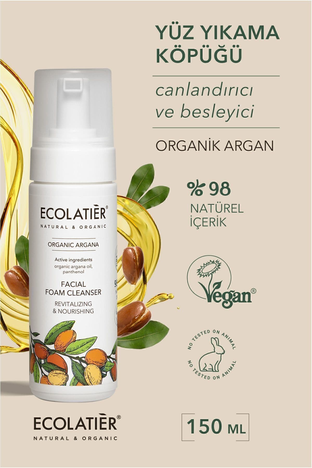 ECOLATIER Yüz Temizleme Köpüğü Organik Argan Yağlı Canlandırıcı Hassas Cilt 150 ml