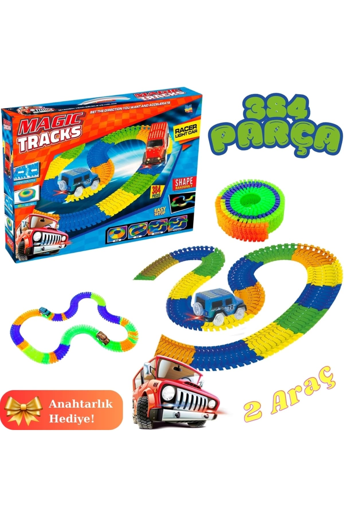 Genel Markalar Magic Trucks 384 Parça Raylı Pist - Raylı Araç Oyuncak - Tren Oyuncak - Renkli Araç Yolu - Pist Set