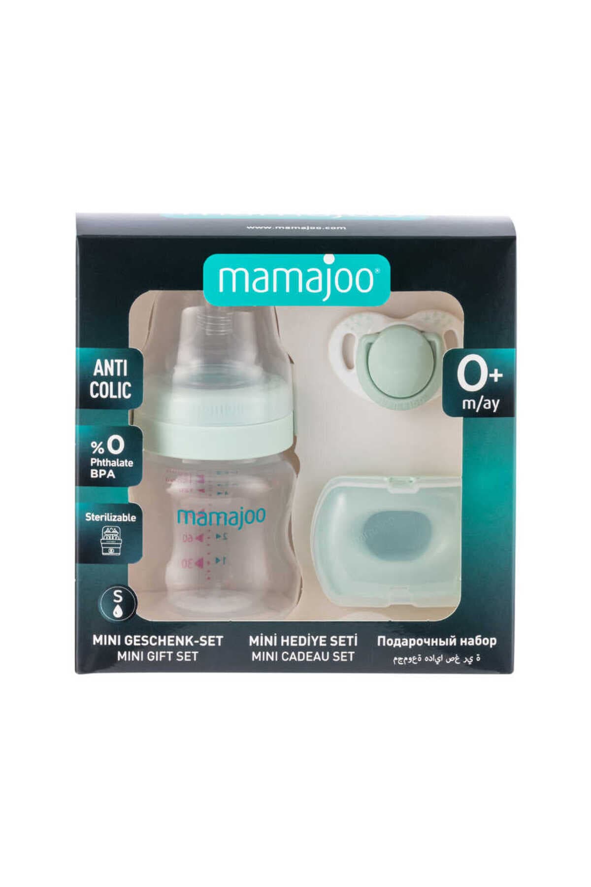 Mamajoo Yenidoğan Hediye Seti Powder Green | Antikolik Biberon 150 ml ve Ortodontik Emzik & Saklama