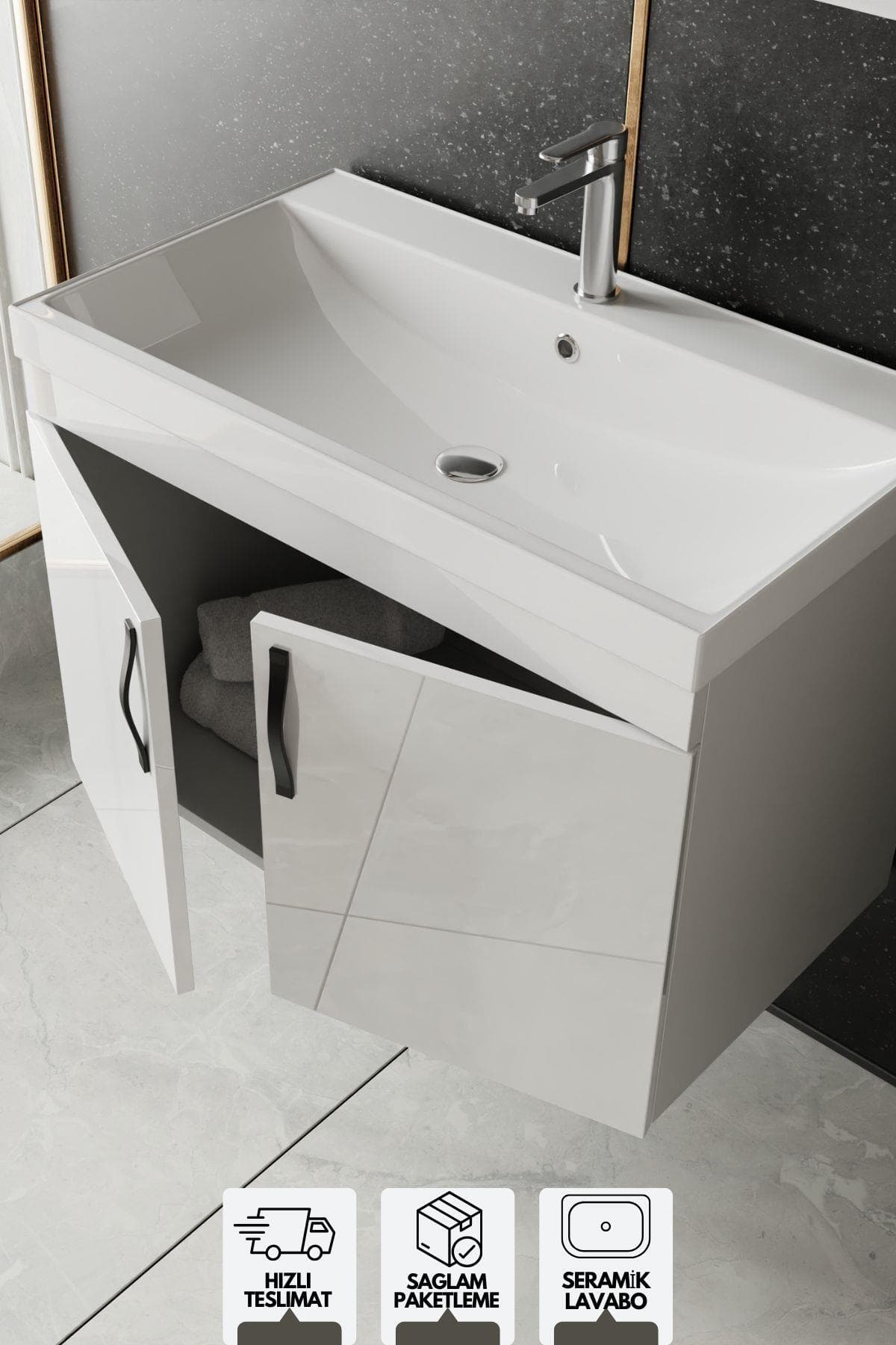 KAREN BANYO Ege 80 Cm Lavabolu Alt Banyo Dolabı, Kapaklı Banyo Alt Dolabı,seramik Lavabo Dahil