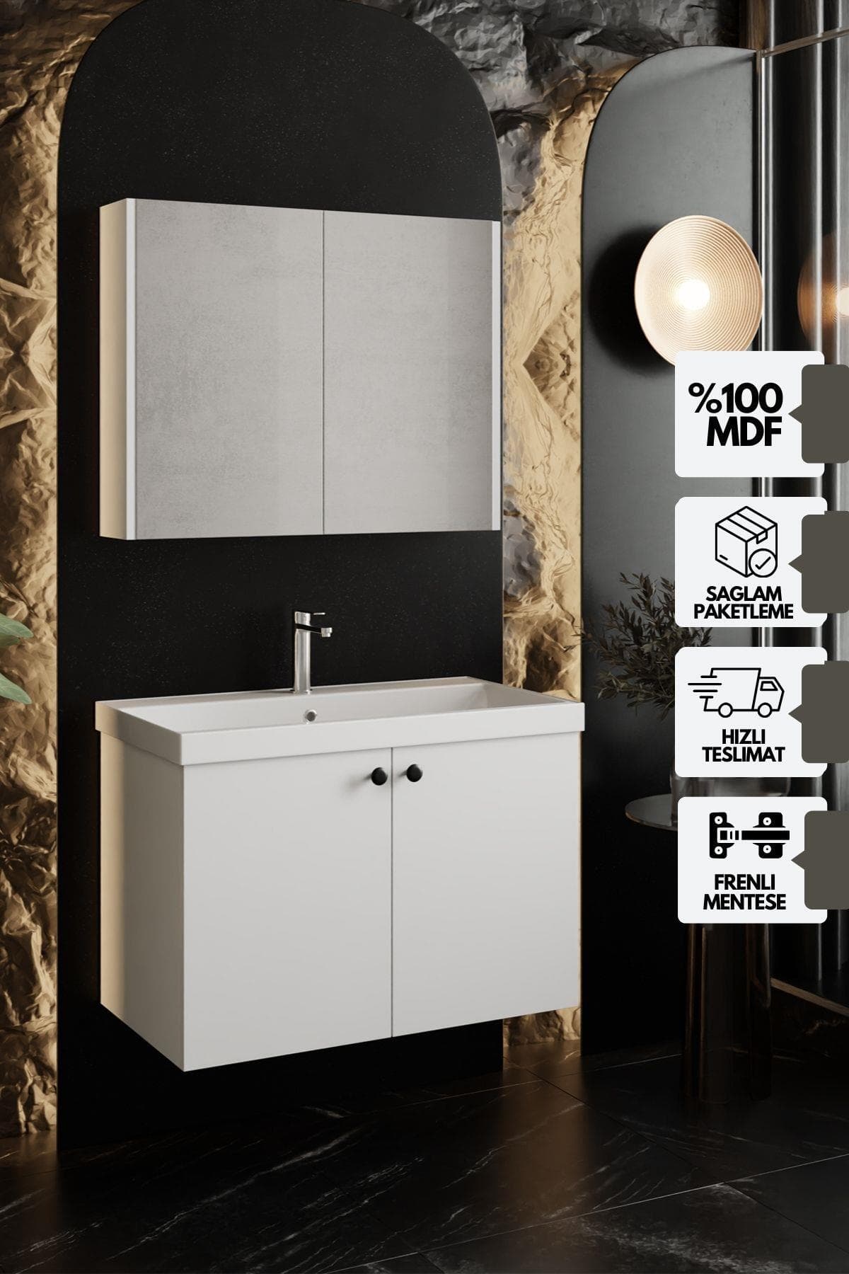 KAREN BANYO Mimoza 80 Cm Mdf, Lavabolu, Aynalı Banyo Dolabı Seti, Seramik Lavabo Dahil, Beyaz, Mdf
