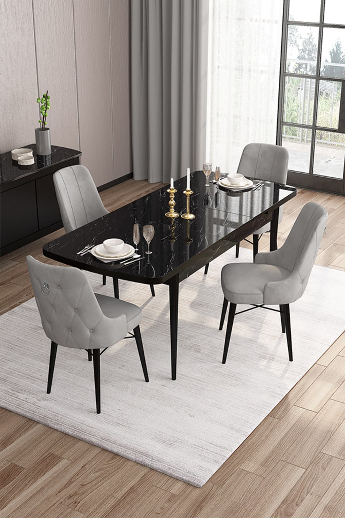 Canisa Concept Are Serisi 80x132 Açılabilir Siyah Mermer Desen Mutfak Masası Takımı 4 Gri Sandalye Gümüş Halka