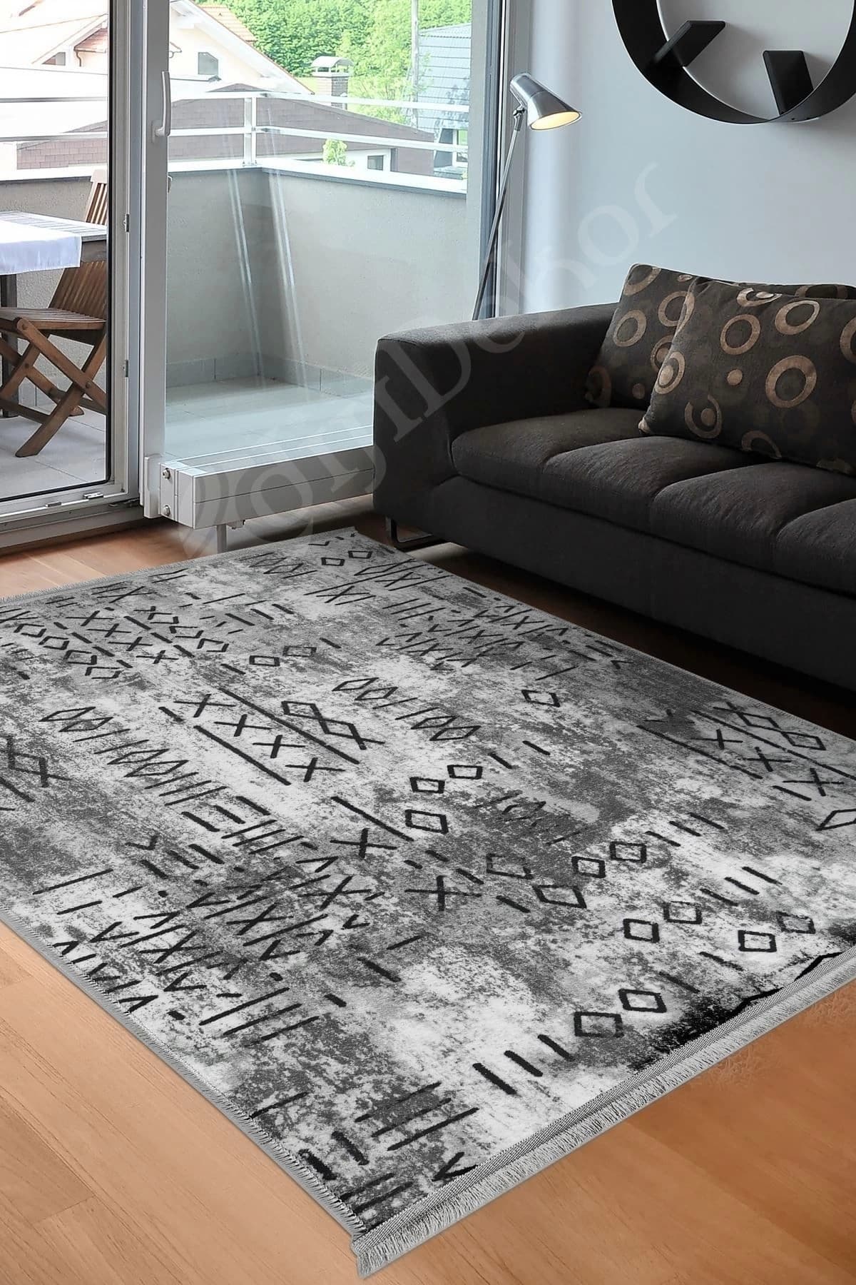 Dijidekor Halı Gri Iskandinav Yıkanabilir Saçaklı Delüxe Kesme Yolluk Kilim Salon Halısı Modelleri