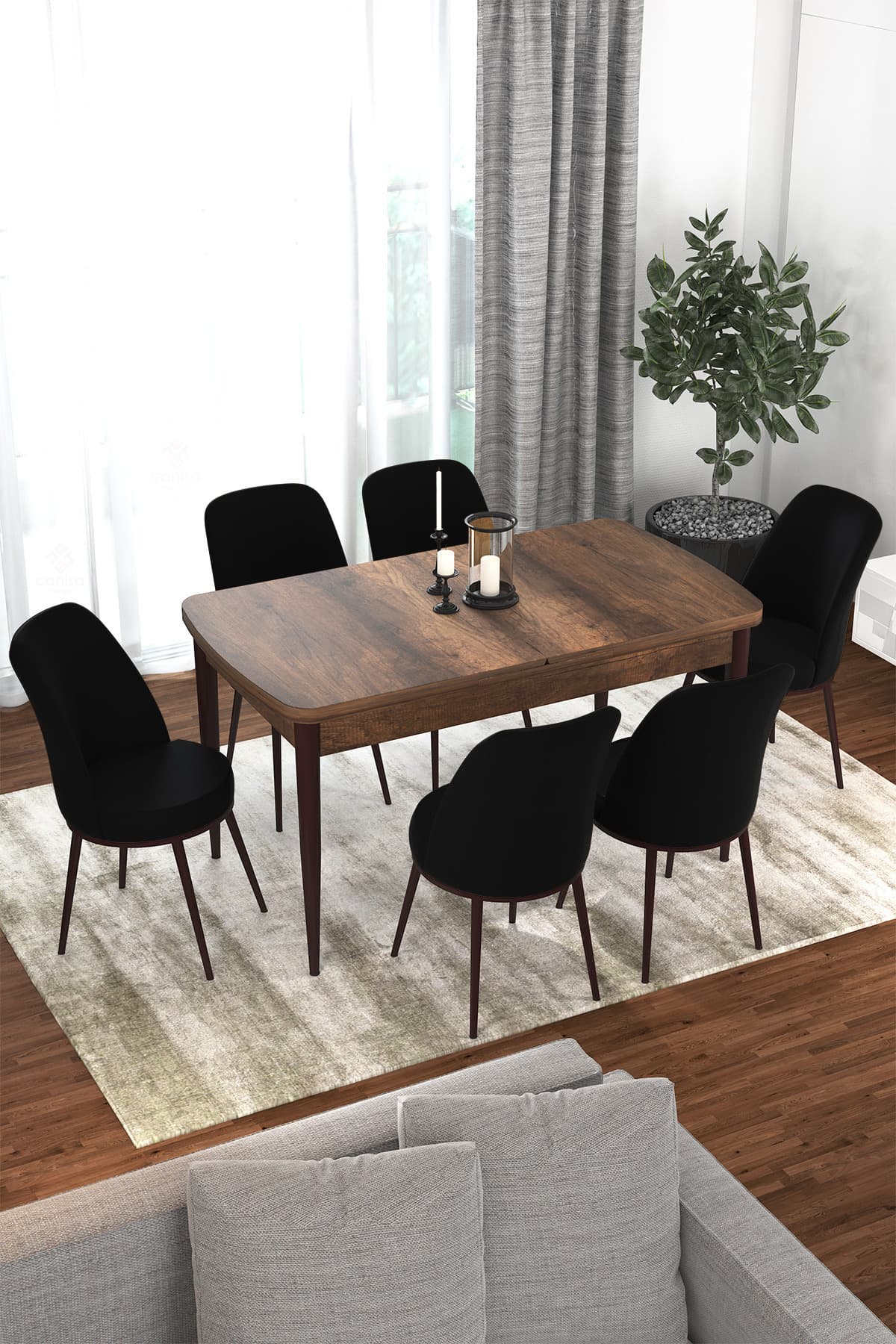 Canisa Concept Kor Serisi 70x114 Açılabilir Mutfak Masası Takımı Barok Desen Masa 6 Siyah Sandalye