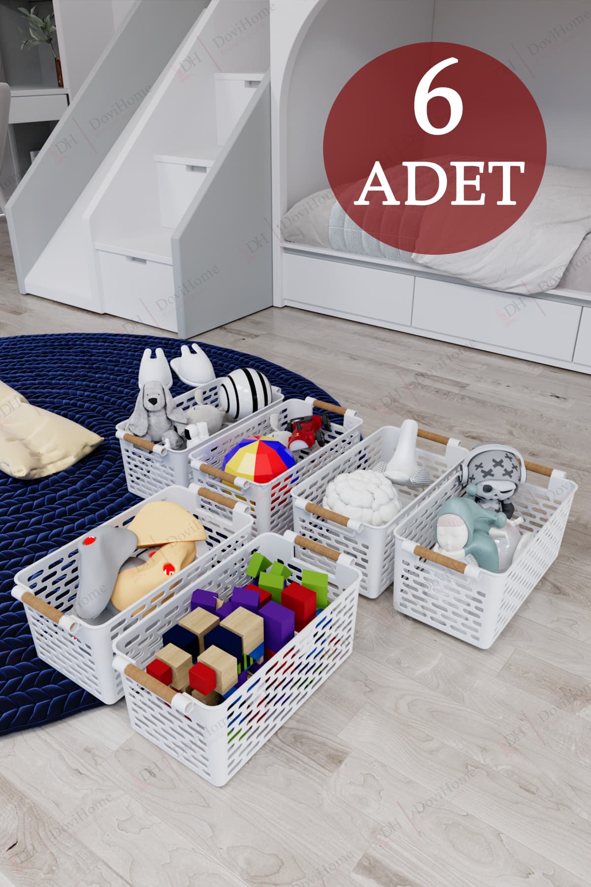 DOVİ HOME 6 Adet Ahşap Saplı Görünüm Beyaz Renk Plastik Mutfak | Banyo | Eşya Organizer Sepet Düzenleyici Set