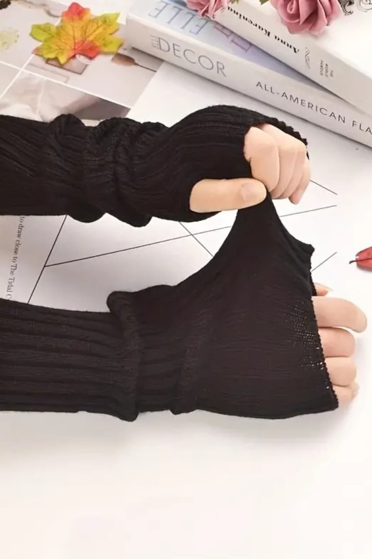 Moibody %100 Akrilik Premium Triko Örgü Hand Warmer El Isıtıcı Kolluk Eldiven Siyah