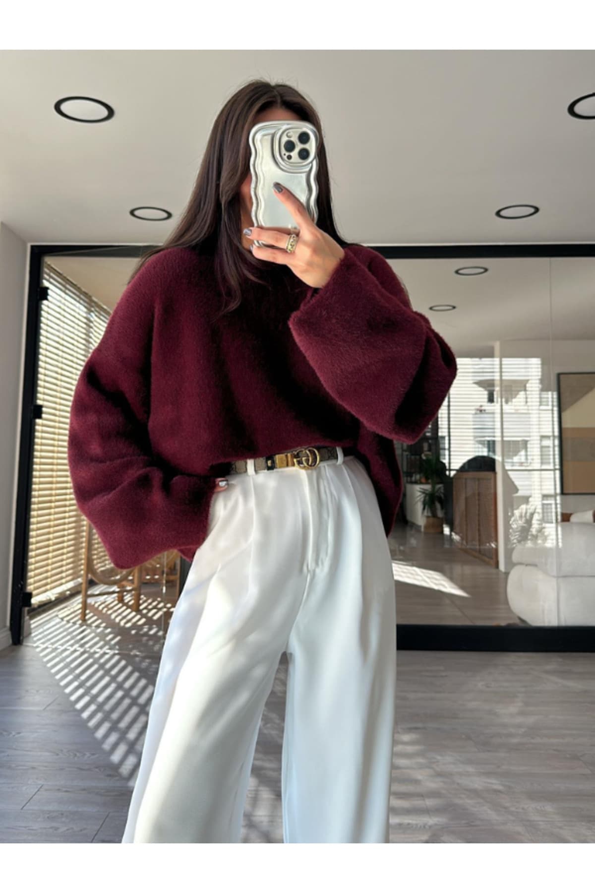 NATUFIAN STORE Kadın Bordo Sakallı Yumoş Basic Triko Kazak