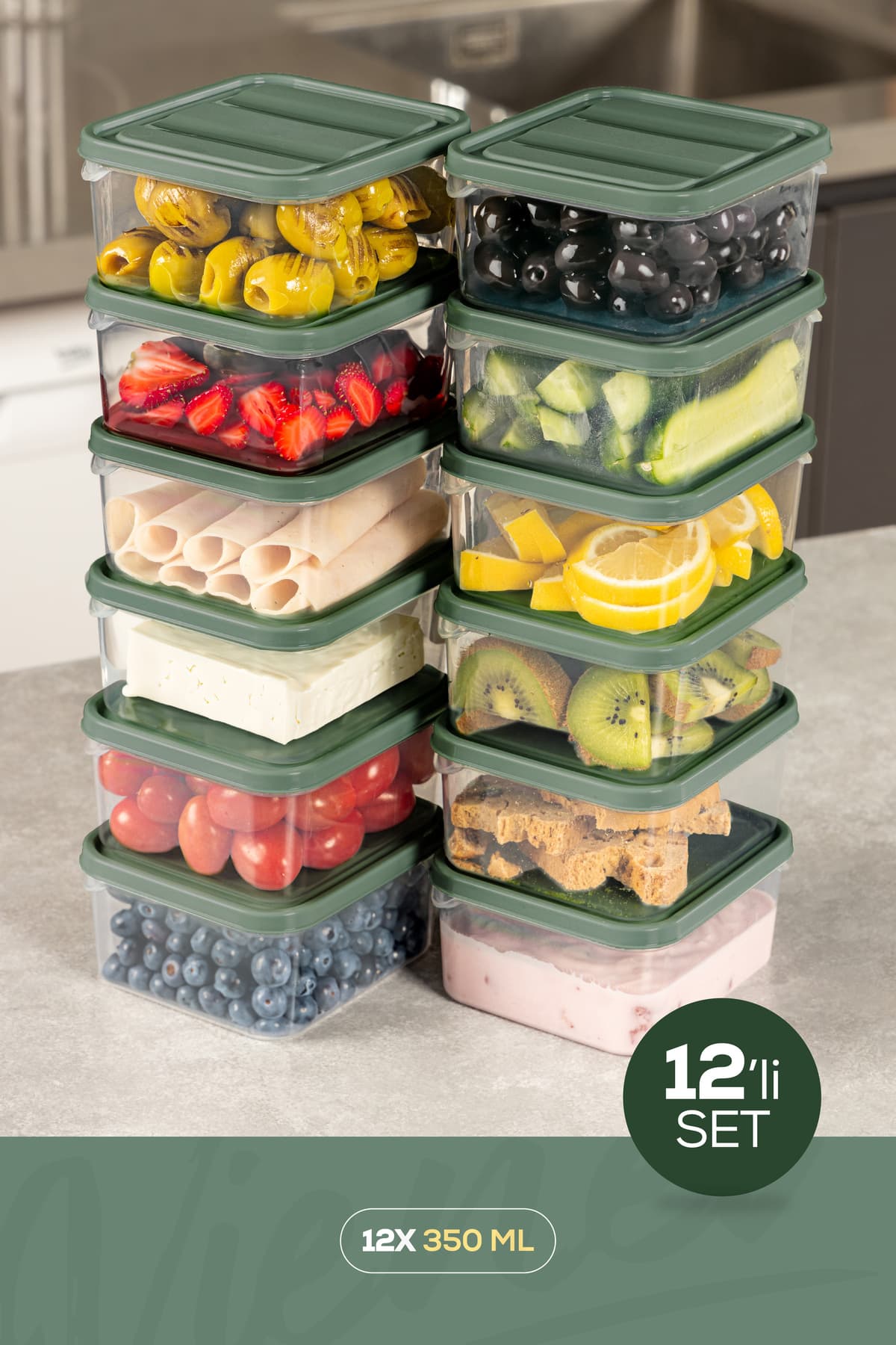 Vienev 12'li 350 ml Buzdolabı Dondurucu Organizer Mikrodalga Ve Difrize Uygun Saklama Kabı Yeşil