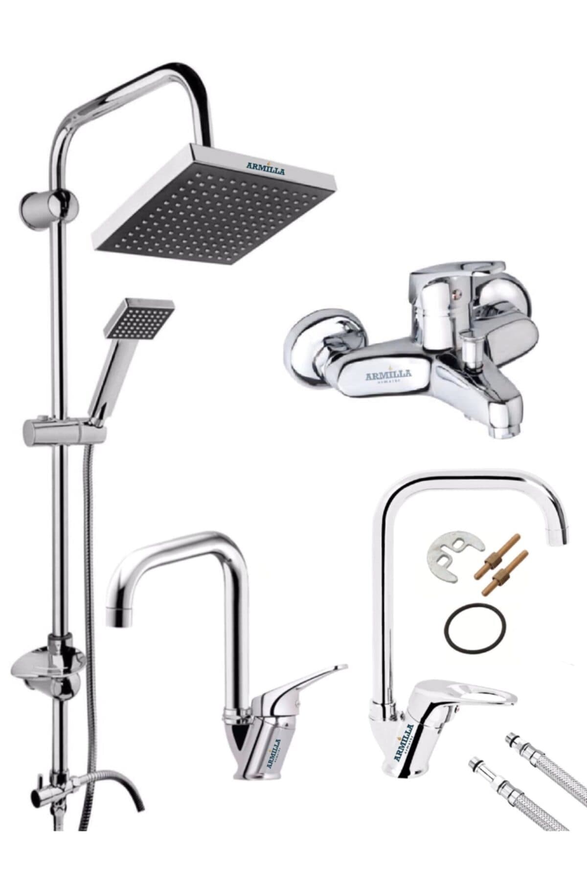 ARMİLLA ARMATÜR Köşe Boru 4’lü Set Robot Yağmurlama Tepe Duş Seti - Banyo - Lavabo - Mutfak Eviye Musluğu Bataryası
