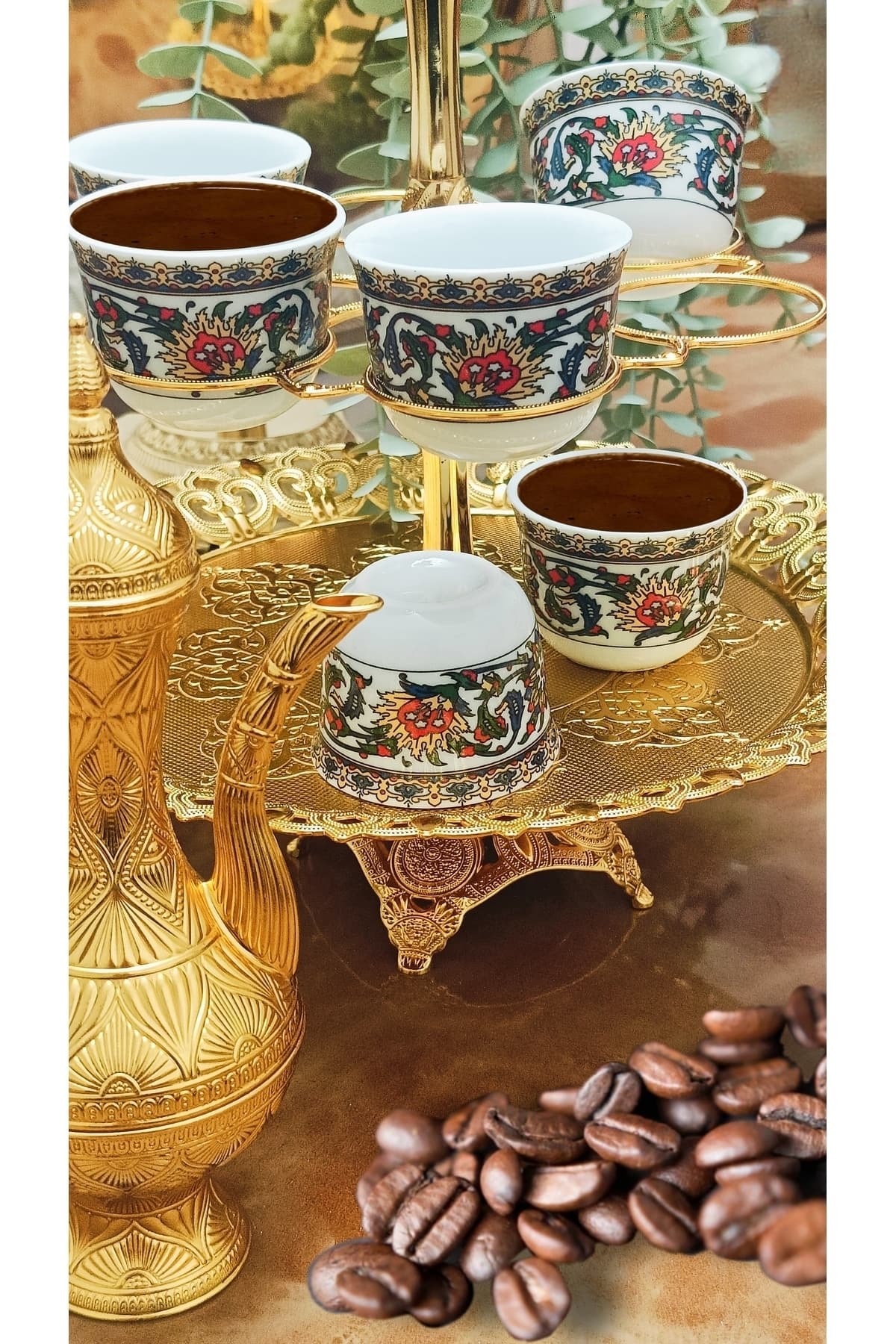 SAMSA Altın Bitkisel sarı metalik Çini desenli Porselen Mirra Set 6 Adet