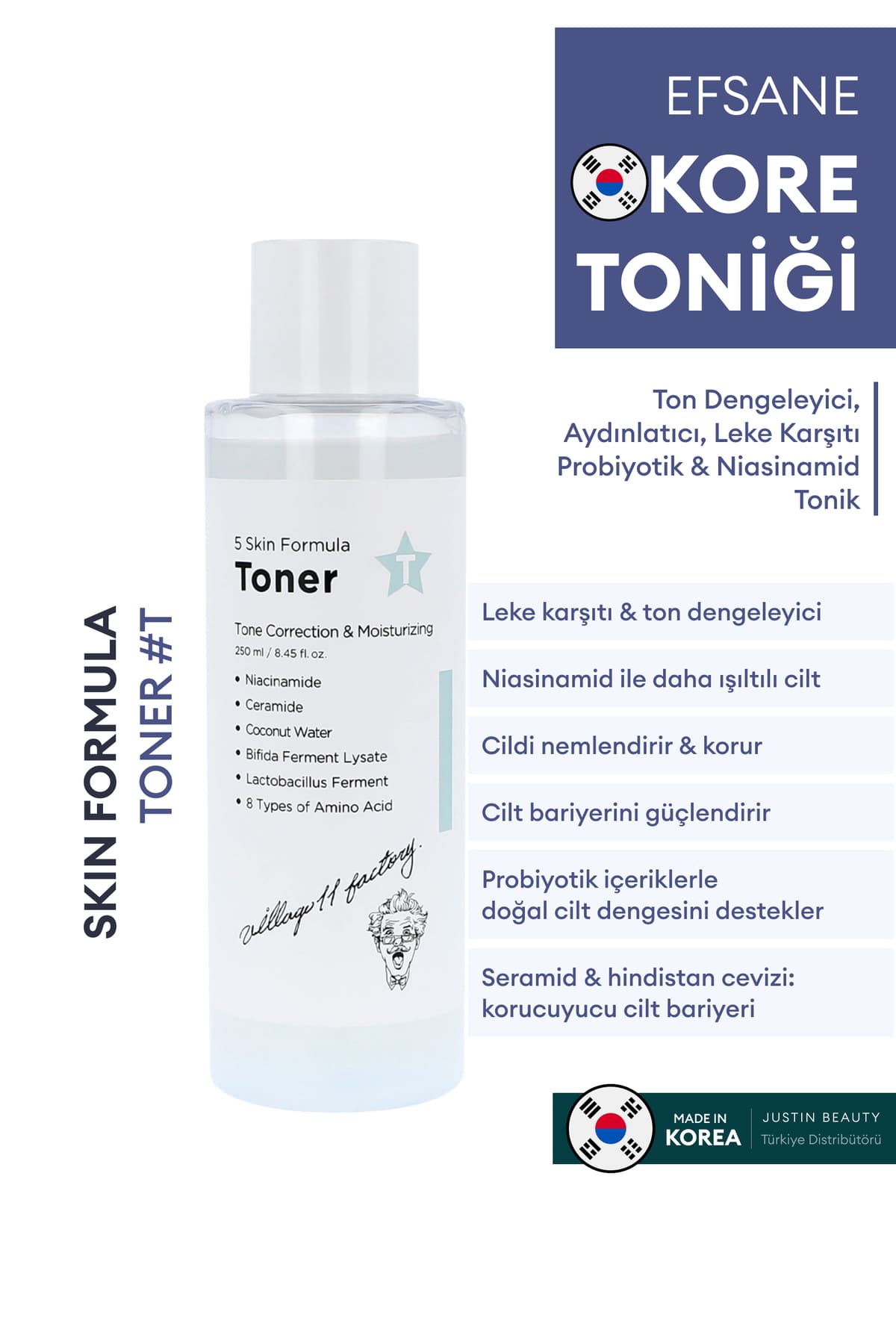 Village 11 Factory T Skin Formula Toner - Ton Dengeleyici, Aydınlatıcı Leke Karşıtı Probiyotik & Niasinamid Tonik 250ml