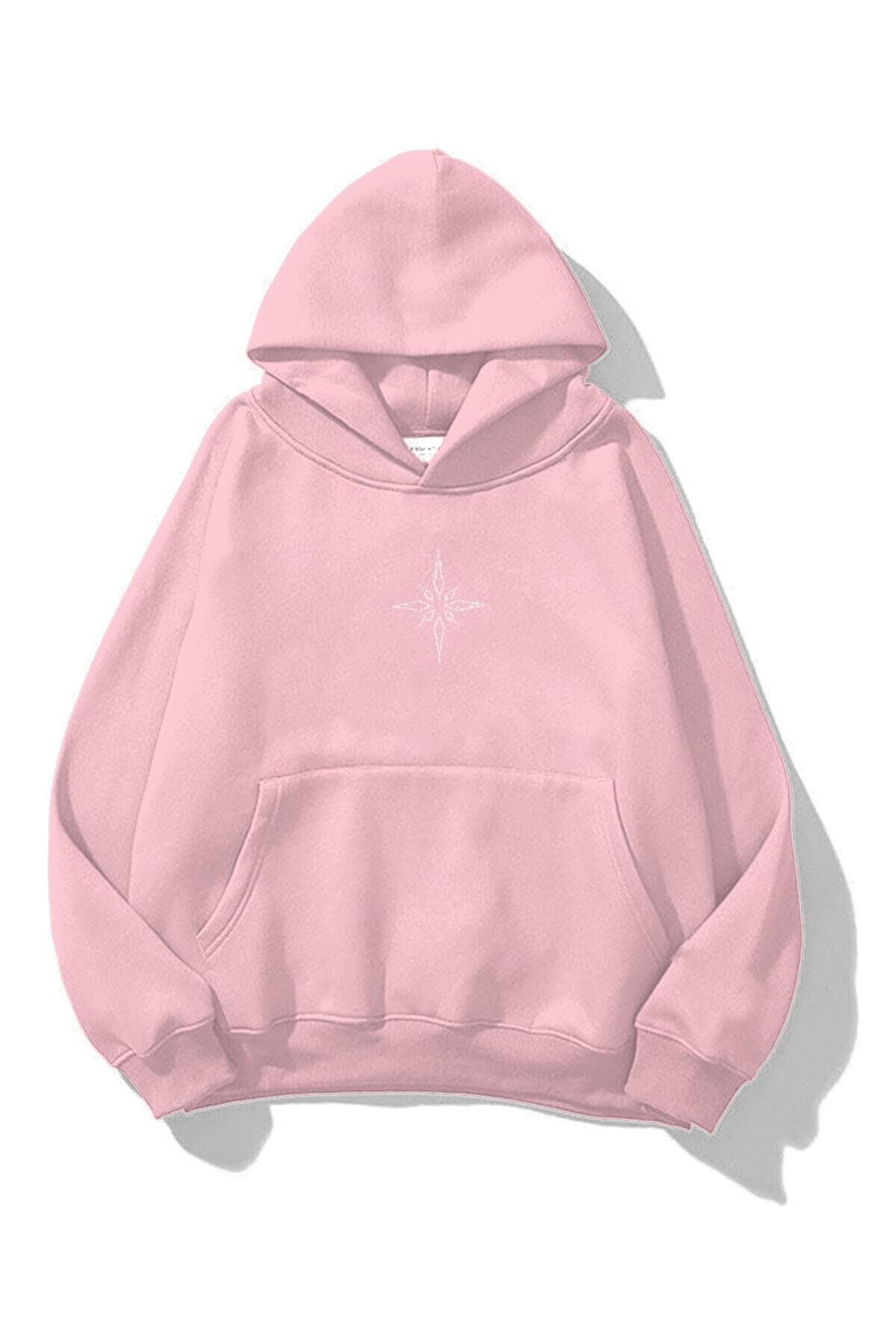 co trendiz Unisex Pusula Taş Baskılı Sweatshirt Pembe