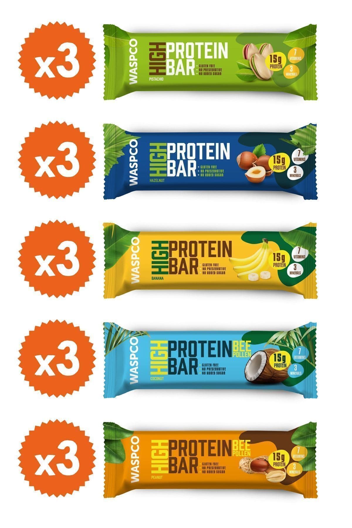 Waspco Yüksek Protein Bar 50g Karma Kutu 15 Adet (5 ÇEŞİT)