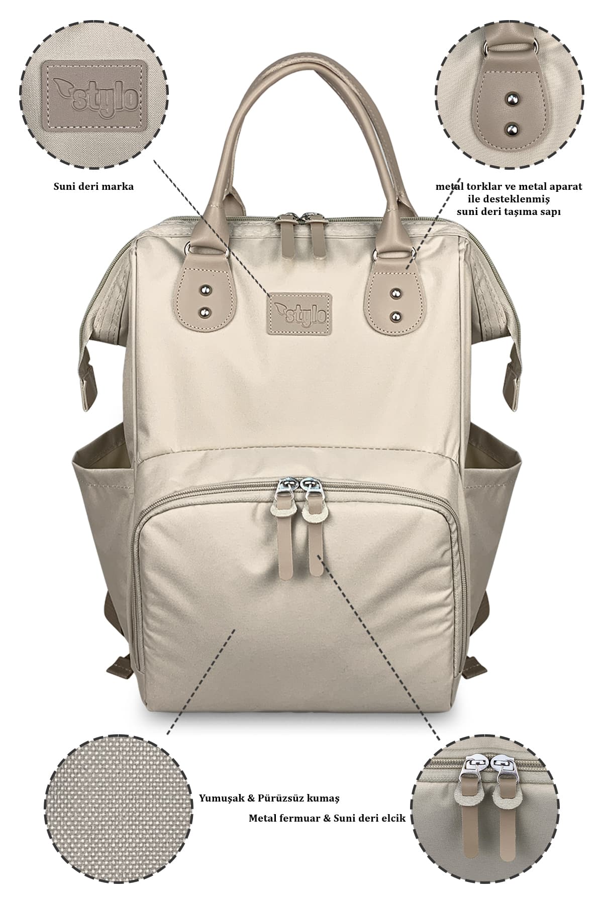 Stylo Paris X Pro Kadın ve Anne Bebek Bakım Sırt Çantası Beige