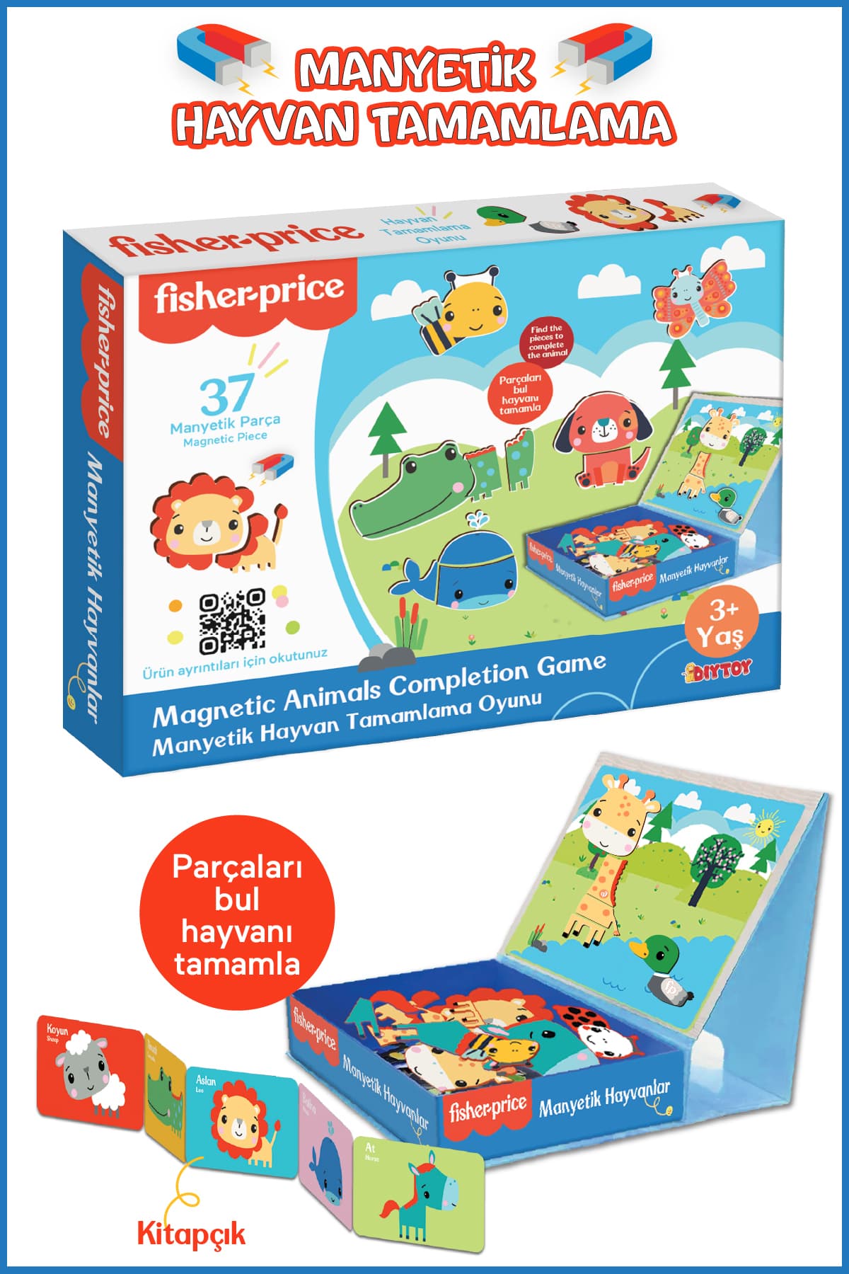Fisher Price DİYTOY Mıknatıslı Magnet Hayvanlar Tamamlama Oyunu 37 Parça Kitapçık ve Manyetik Kutu 3+ Yaş