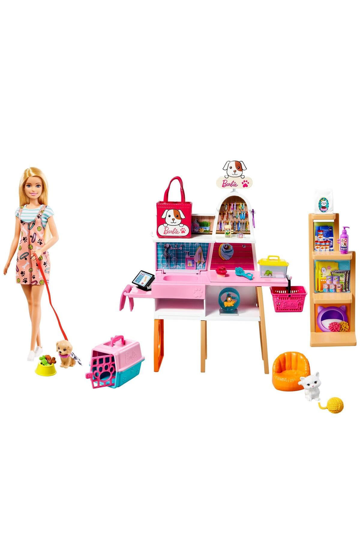 Barbie ve Evcil Hayvan Dükkanı Oyun Seti, 4 Hayvan Arkadaş ve Aksesuarlar, 3-7 Yaş Arası İçin GRG90