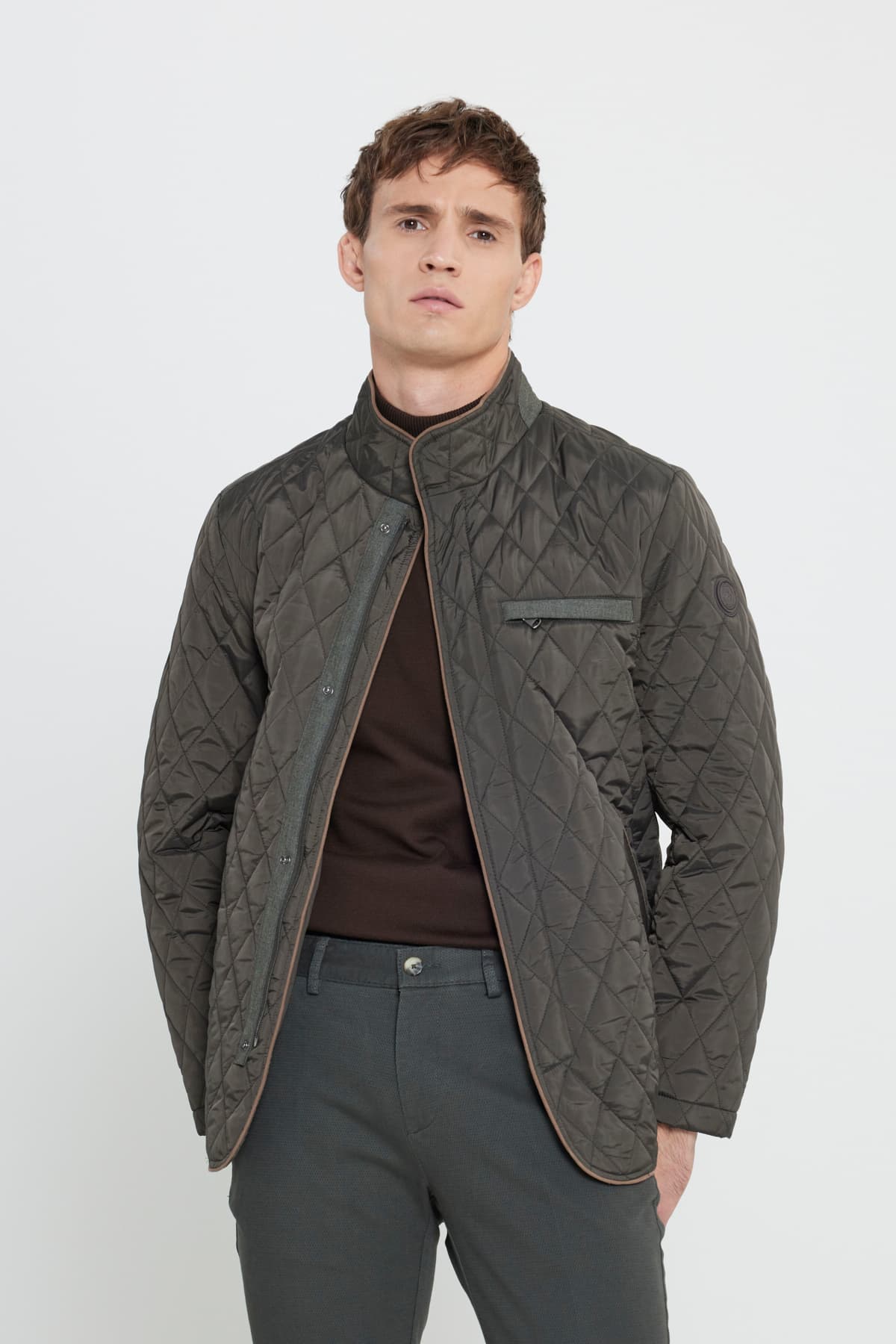 Altınyıldız Classics Erkek Haki Standart Fit Normal Kesim Dik Yaka Desenli Overcoat