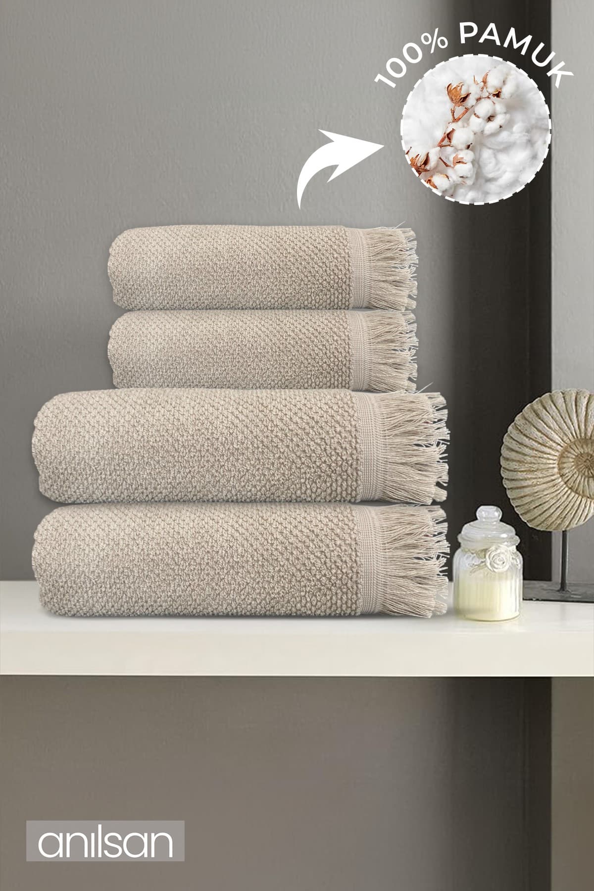 Anılsan 4'lü Bej Jelena Havlu Seti %100 Pamuk - 2 Adet El Havlusu 50x90 ve 2 Adet Banyo Havlusu 70x140