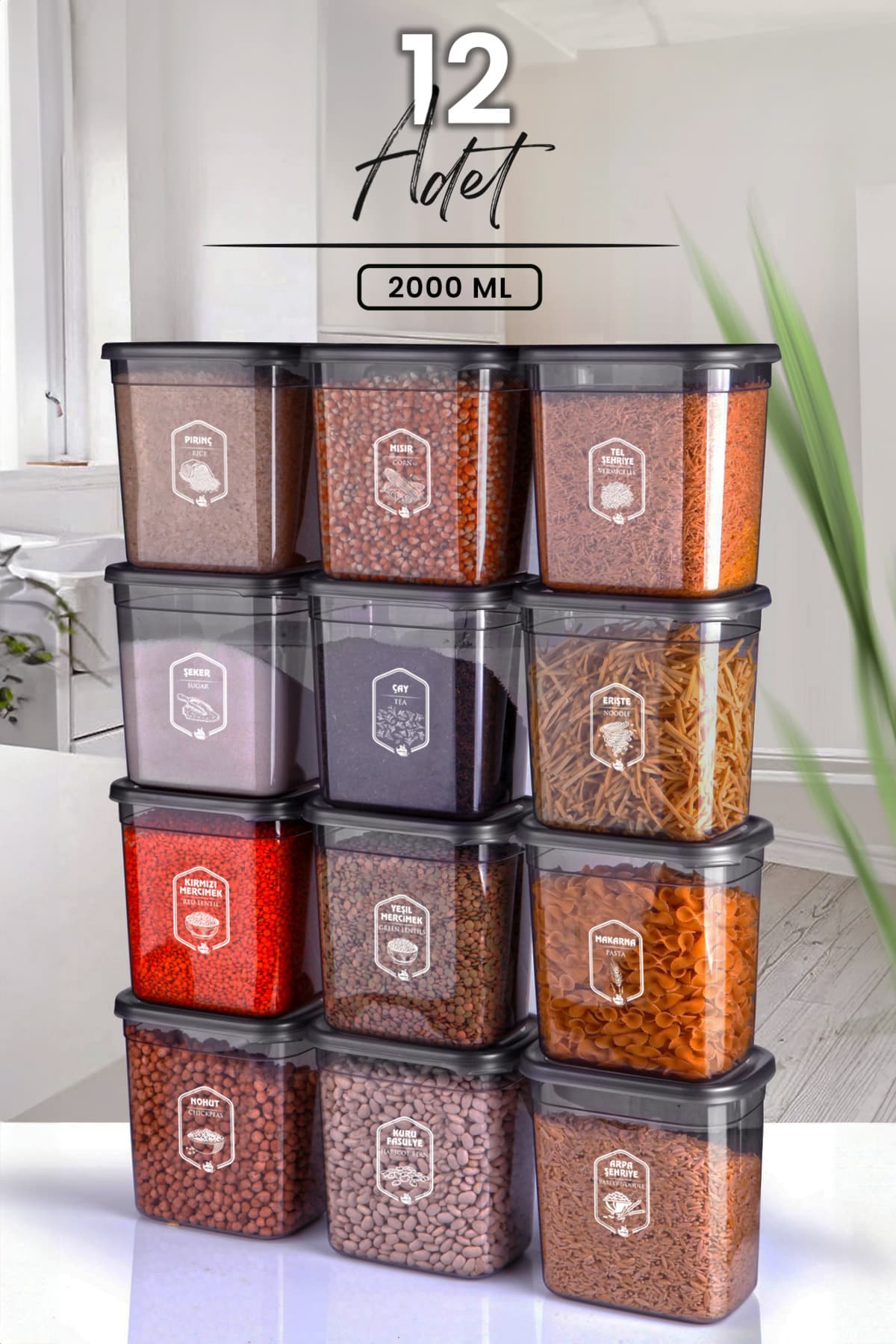 Kitchen Life 12'li Etiketli Moly Dikdörtgen Erzak Saklama Kabı Seti 2000ml -çoklu Set Yapılabilen Kapaklı 2 Litre