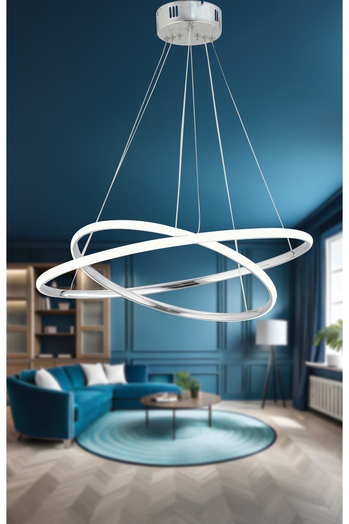 Dekorluna Bernardo 45x35 Büyük Çember Krom Modern Sarkıt Beyaz Işık Led Avize