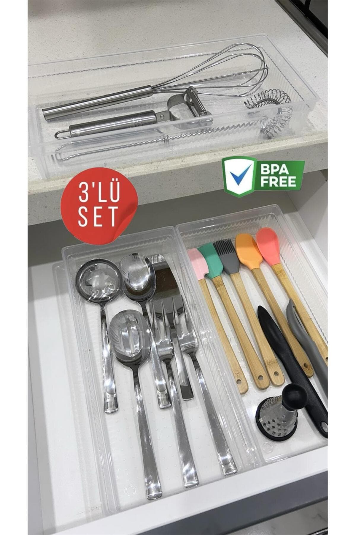 Bayev 3 Adet Bade XL Çekmece İçi Bıçaklık & Kaşıklık Organizer - Kepçe Spatula Düzenleyici Kutu