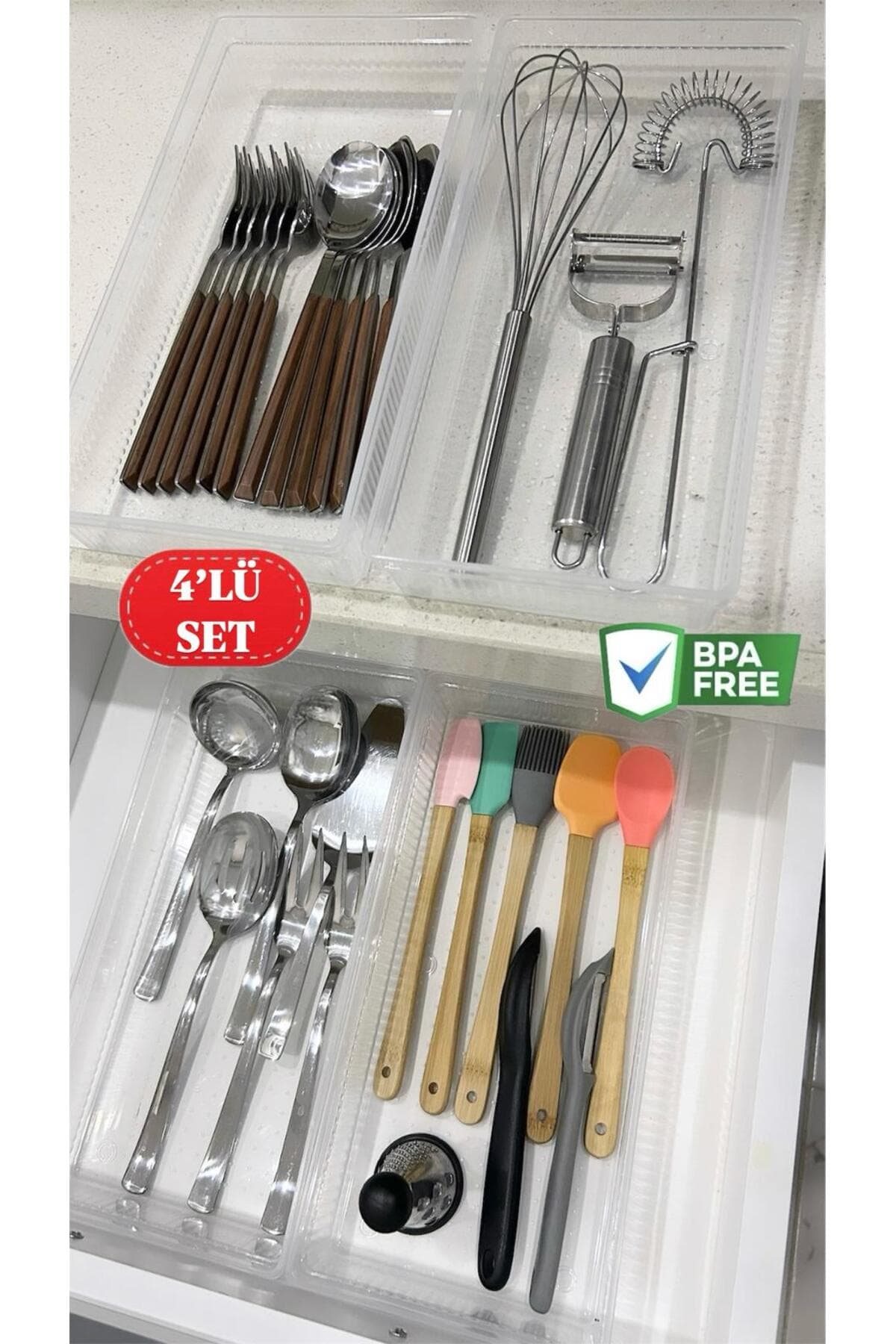 Bayev 4 Adet Bade XL Çekmece İçi Bıçaklık & Kaşıklık Organizer Kepçe Spatula Düzenleyici Kutu