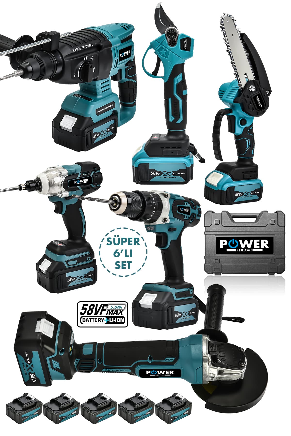 POWER BLACK Profesyonel Brushless 6'lı Set Şarjlı Hilti Şarjlı Taşlama Şarjlı Darbeli Matkap Makas Testere