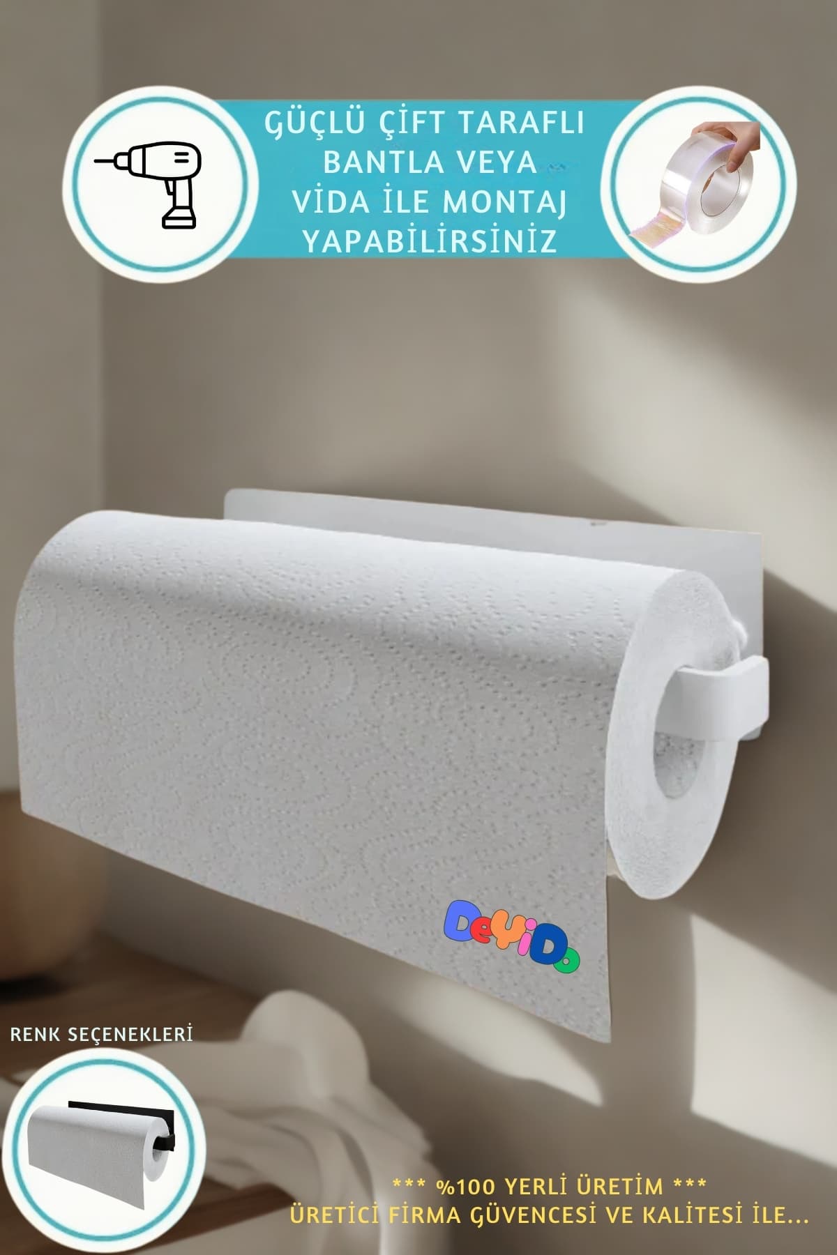 DeYiDo Yapışkanlı Metal Kağıt Havlu Peçetelik Pratik Yapışkanlı Demir Askılık Havluluk Banyo Mutfak Askısı