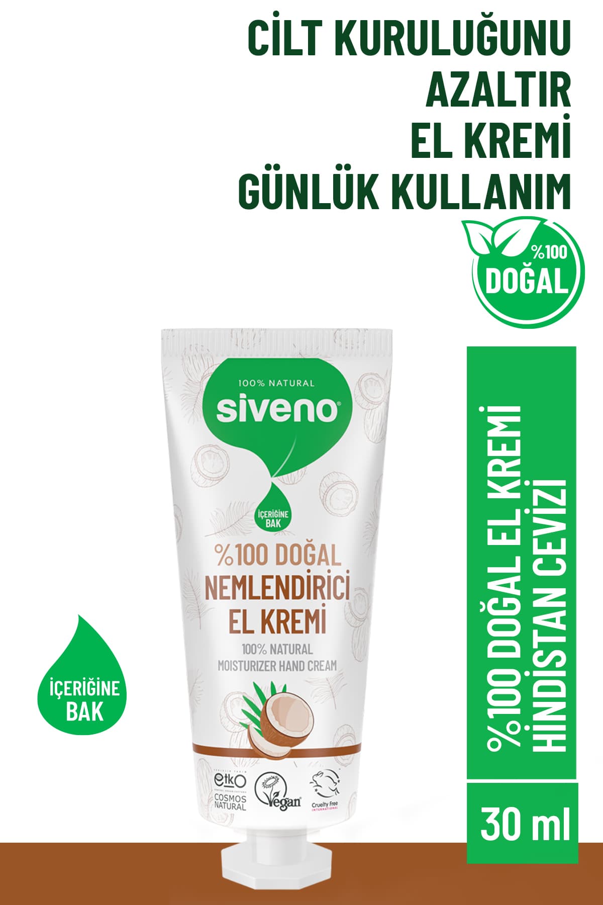Siveno %100 Doğal El ve Vücut Kremi Hindistan Cevizi Avokado Yoğun Nemlendirici Onarıcı Vegan 30 ml