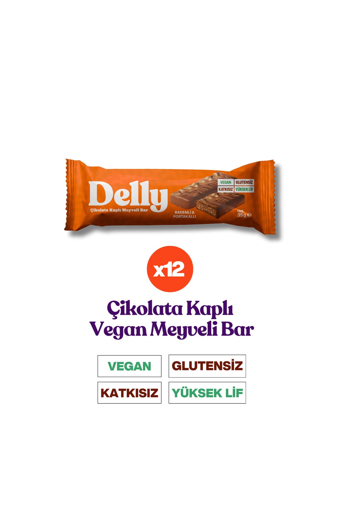 Delly 12 Adet Çikolata Kaplı - Bademli & Portakallı Meyveli Bar 35g