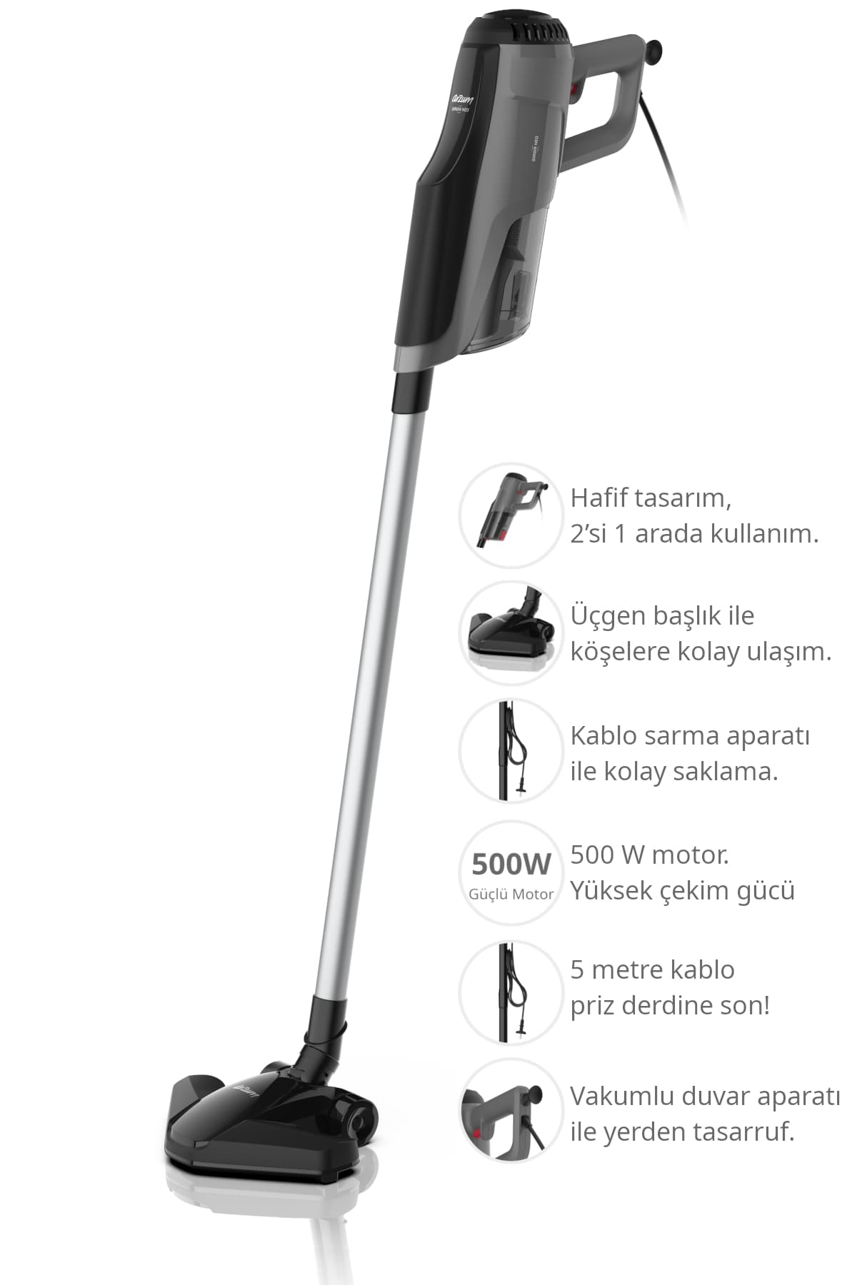 Arzum AR4111 Gırgır Neo 2'si 1 Arada Toz Torbasız Dikey Elektrikli Süpürge 1 L Toz haznesi, 500W, Siyah