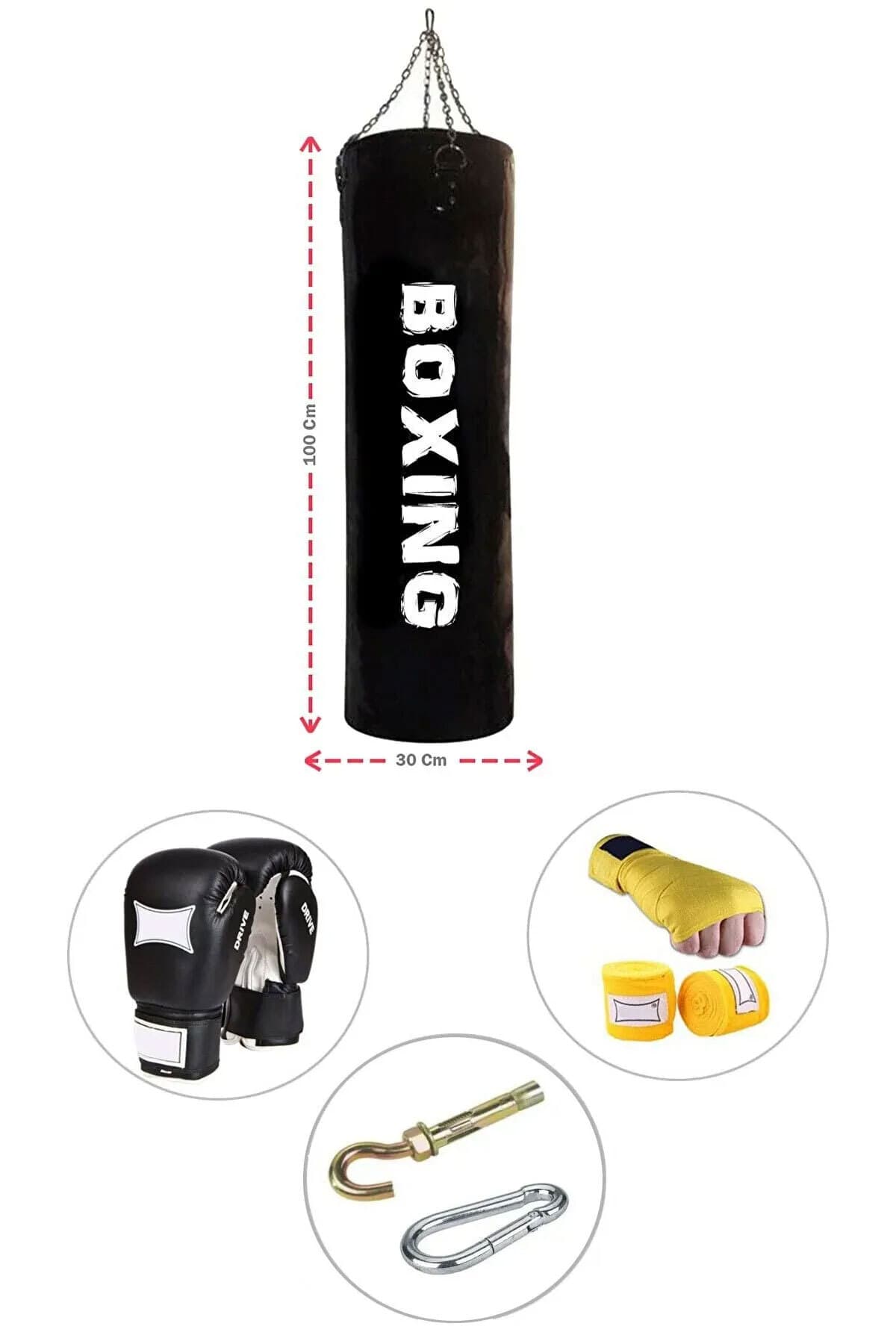 A Boxing 100x30 Cm Boks Kum Torbası Seti + Eldiveni + Bandaj + Tavan Aparatı Hediyeli