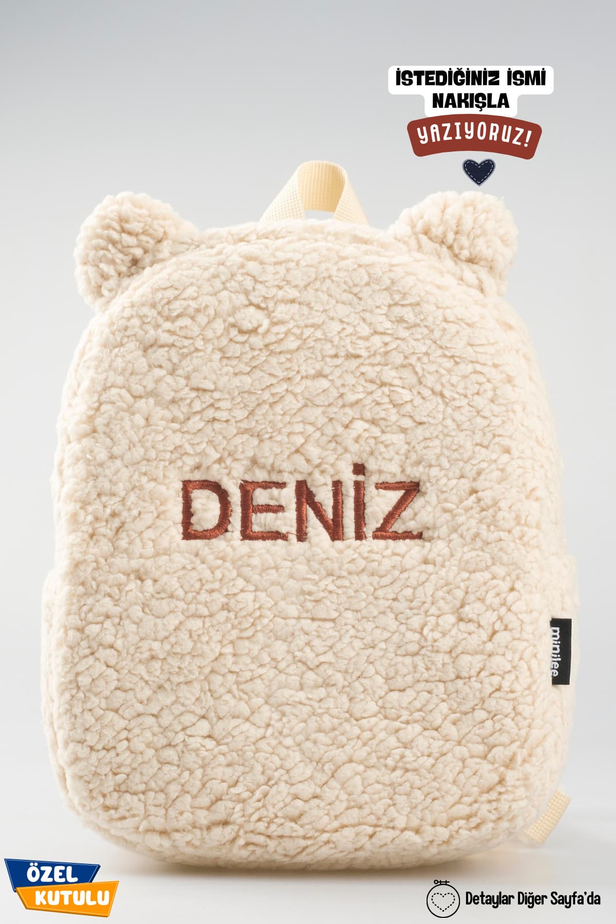 Minilee Bej Peluş 0-8 Yaş - Çocuk Anaokulu, Kreş Sırt Çantası Kişiye Özel Nakışlı