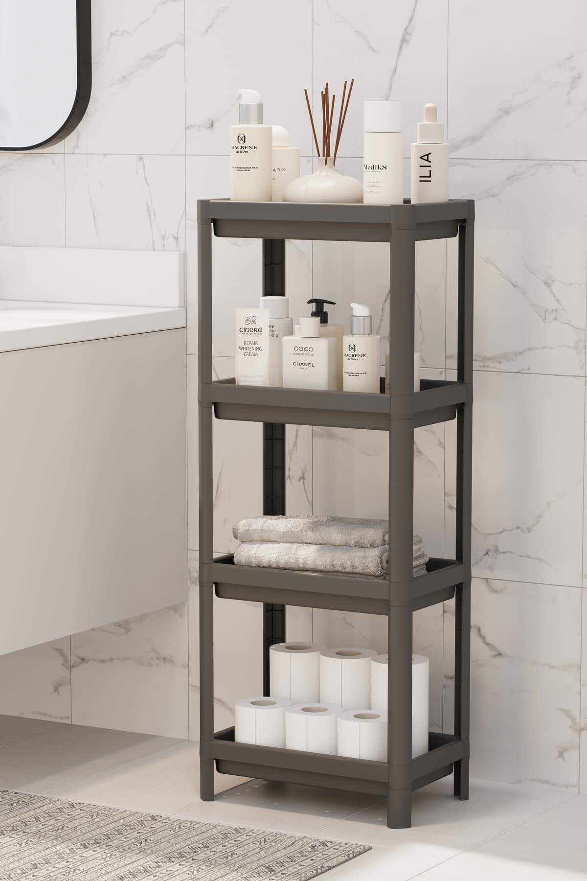 Omaş Household Product 4 Katlı Banyo Raf Ünitesi Vesken Siyah Banyo Düzenleyici Şampuanlık Havluluk Dolap