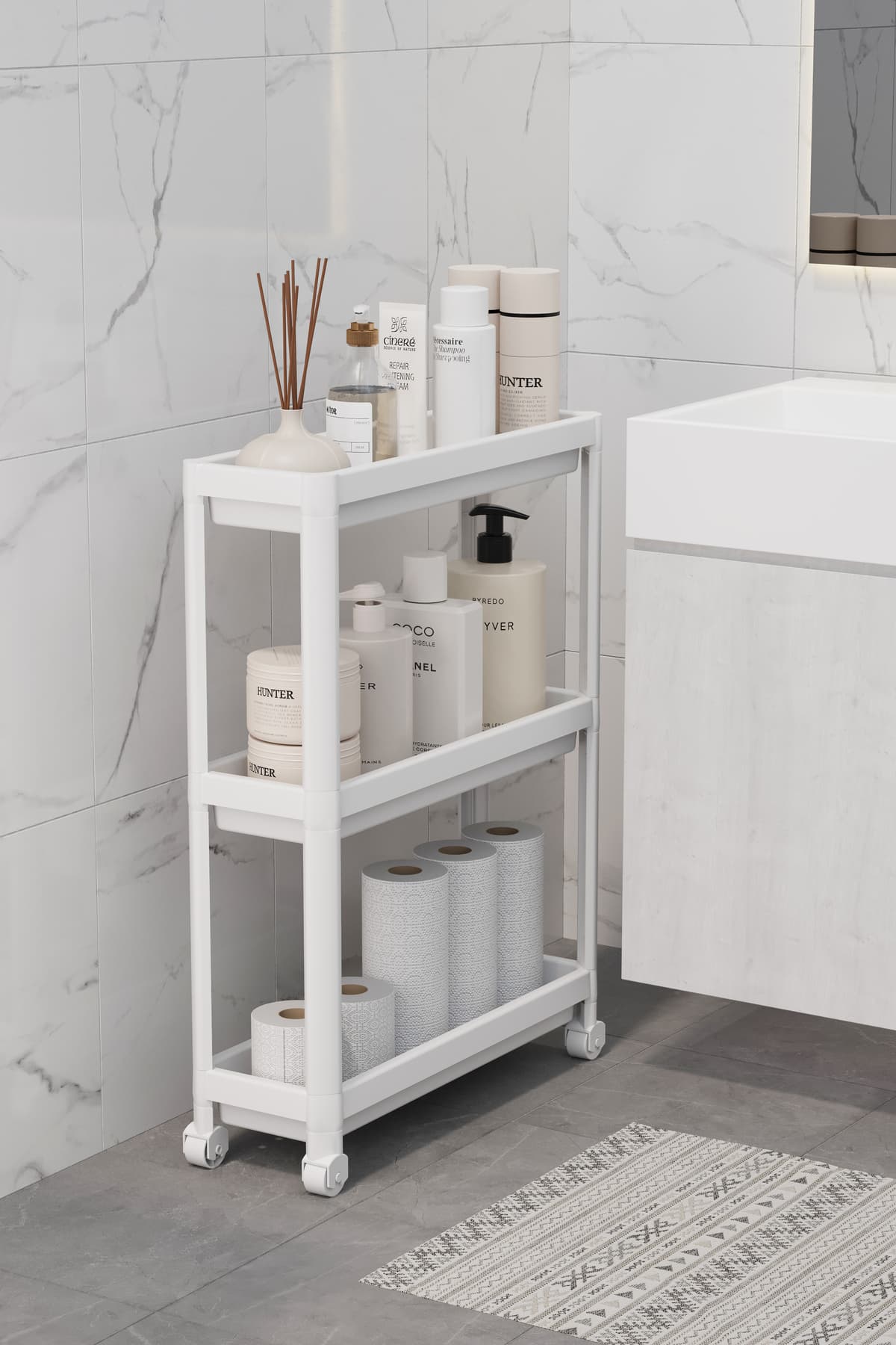 Omaş Household Product Slim Beyaz Tekerlekli Dikdörtgen 3 Katlı Raf Ünitesi - Banyo Mutfak Düzenleyici Organizer Raf Modern