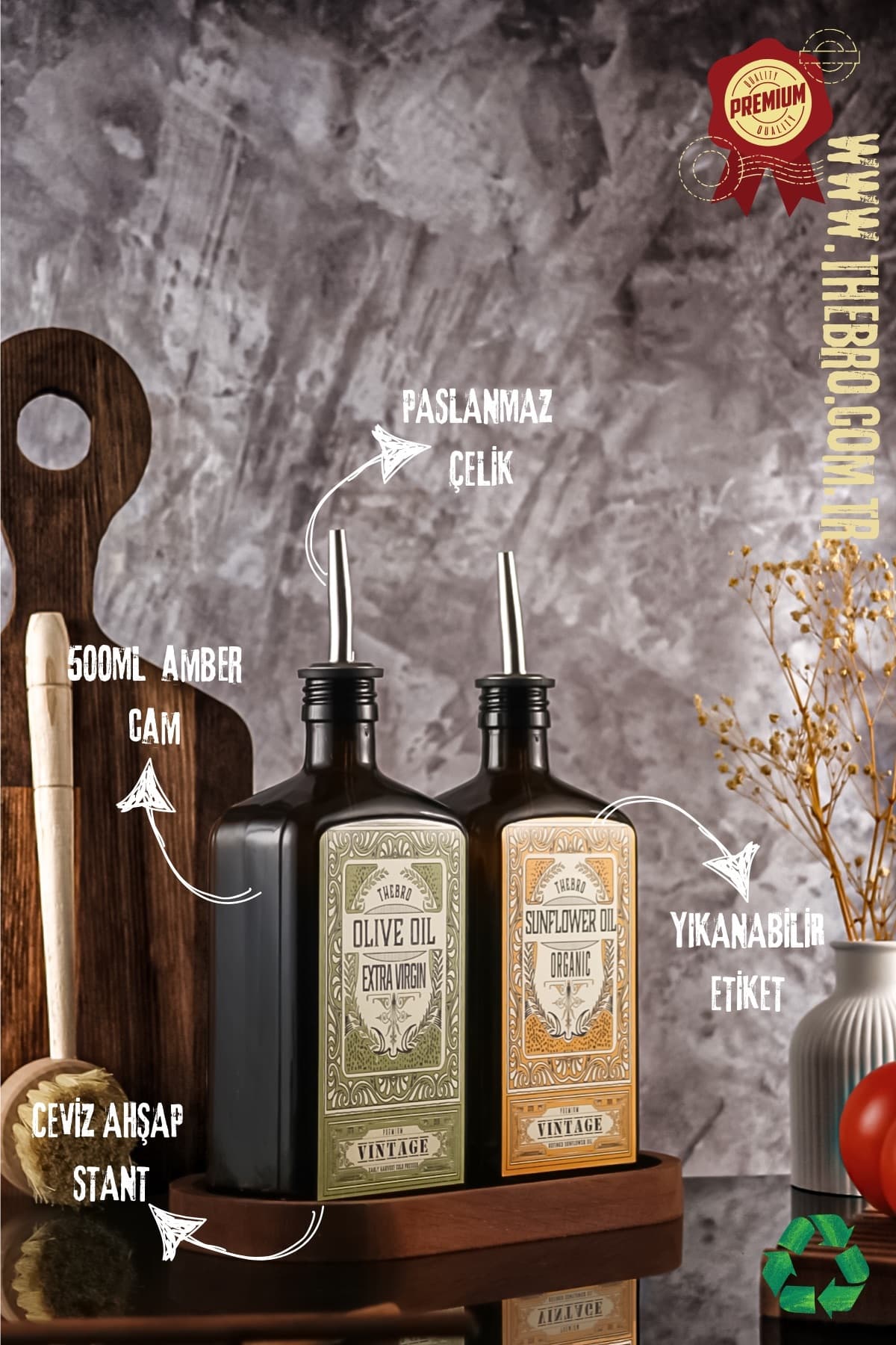 TheBRo 500ml Ahşap Stantlı New Premium Zeytinyağı Ve Ayçiçek Yağı Şişesi Yeşil Sarı