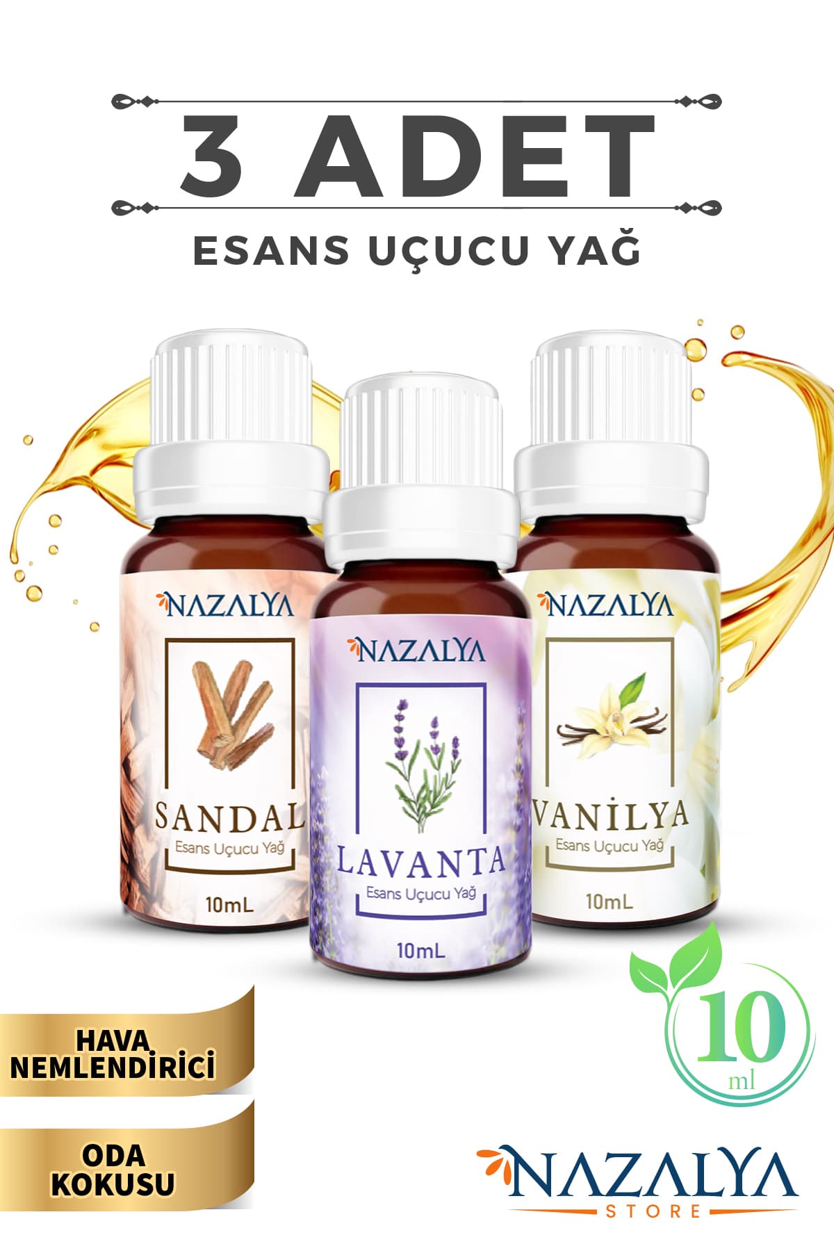 Nazalya Hava Nemlendiriciler için Uçucu Oda koku Yağı Esansiyeli Lavanta-vanilya-sandal 3'lü Set 10 Ml.